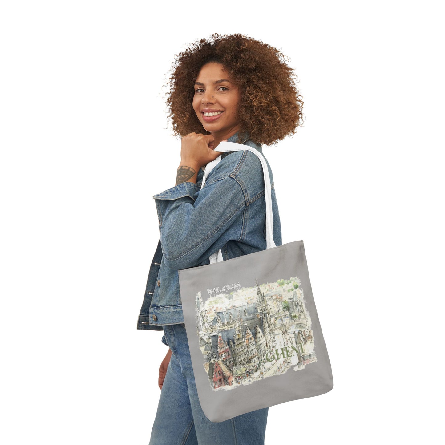 Ghent-inspired light grey Tote Bag with 4-Color Straps