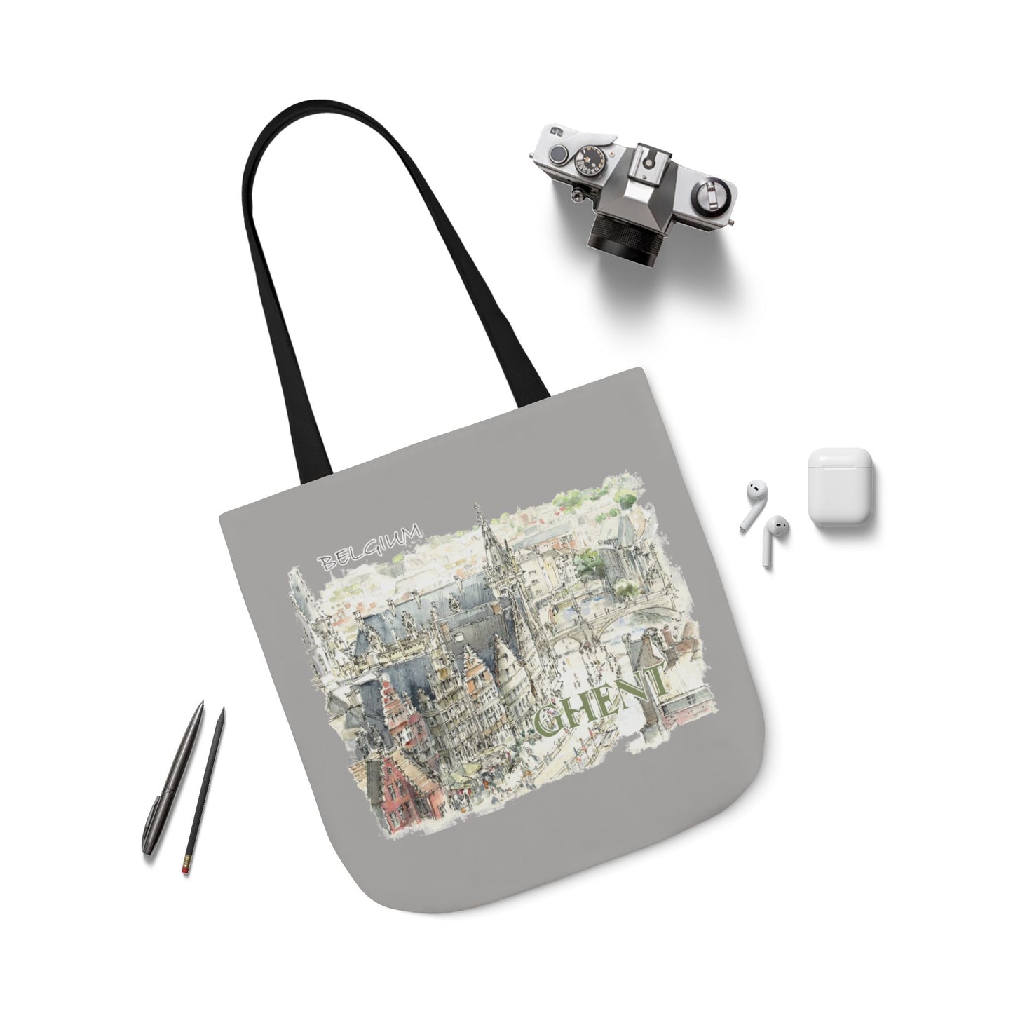 Ghent-inspired light grey Tote Bag with 4-Color Straps