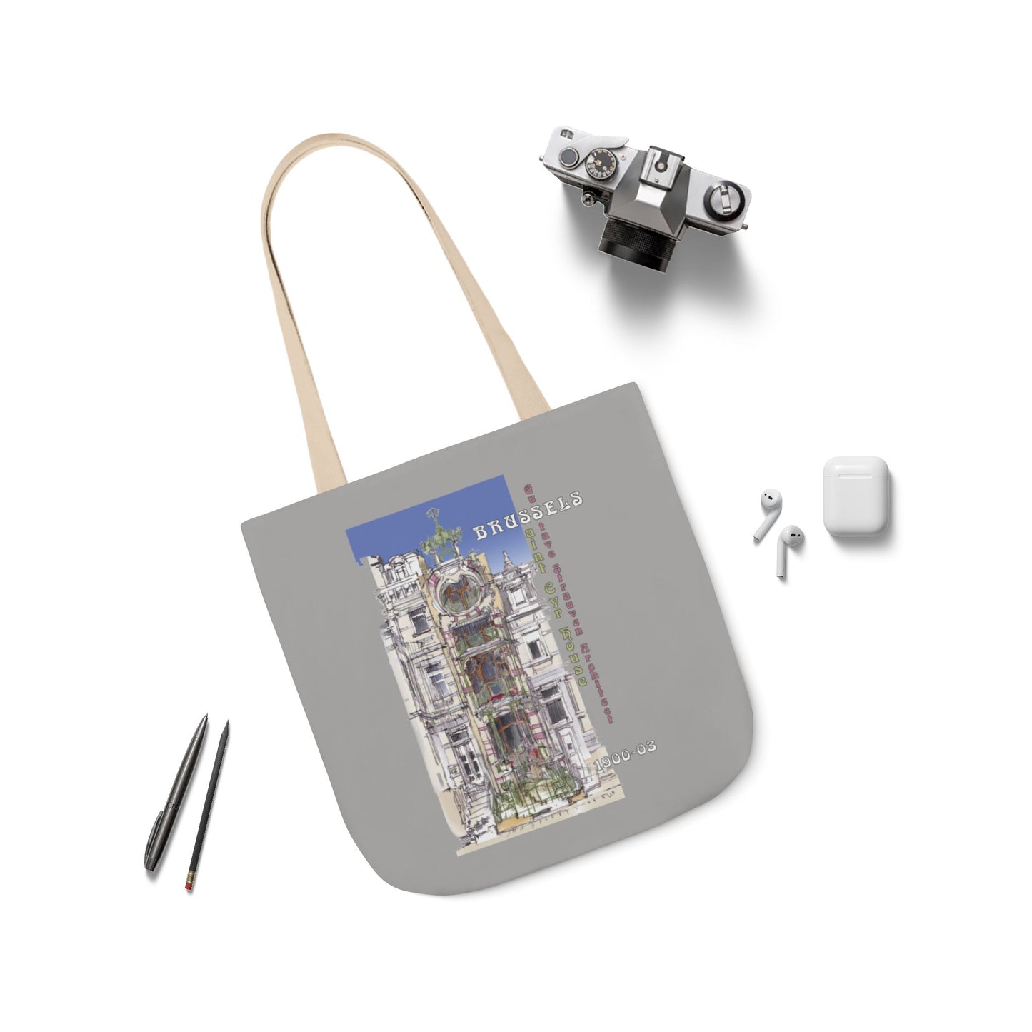 Brussel's Art-Nouveau-inspired light grey Tote Bag with 5-Color Straps