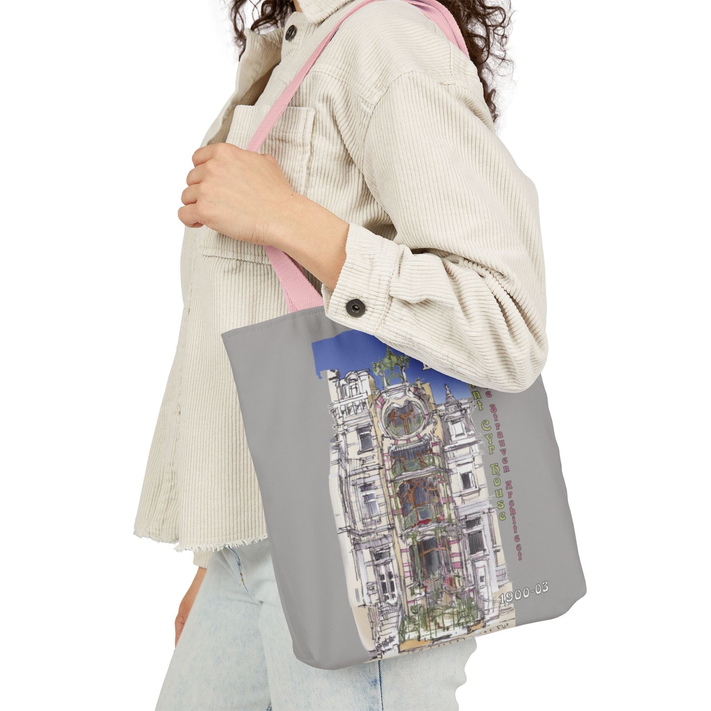 Brussel's Art-Nouveau-inspired light grey Tote Bag with 5-Color Straps