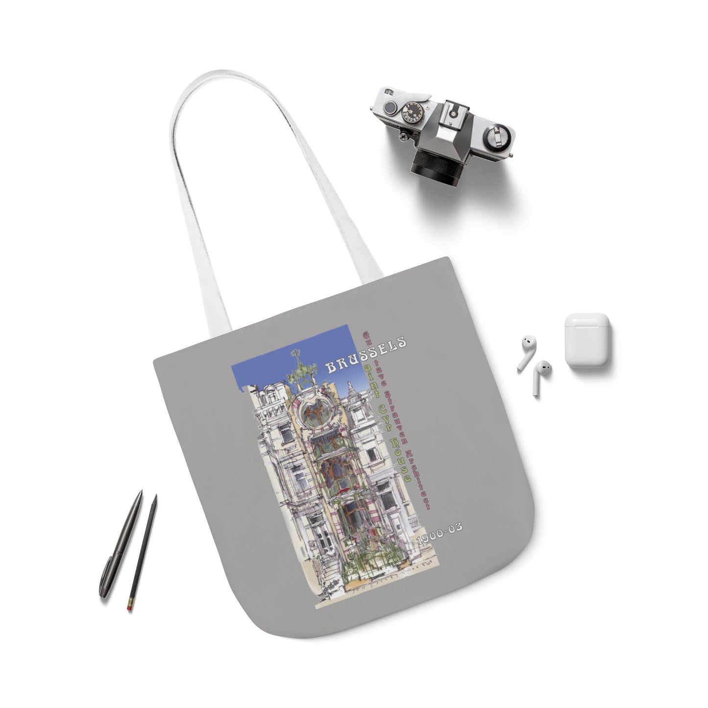 Brussel's Art-Nouveau-inspired light grey Tote Bag with 5-Color Straps