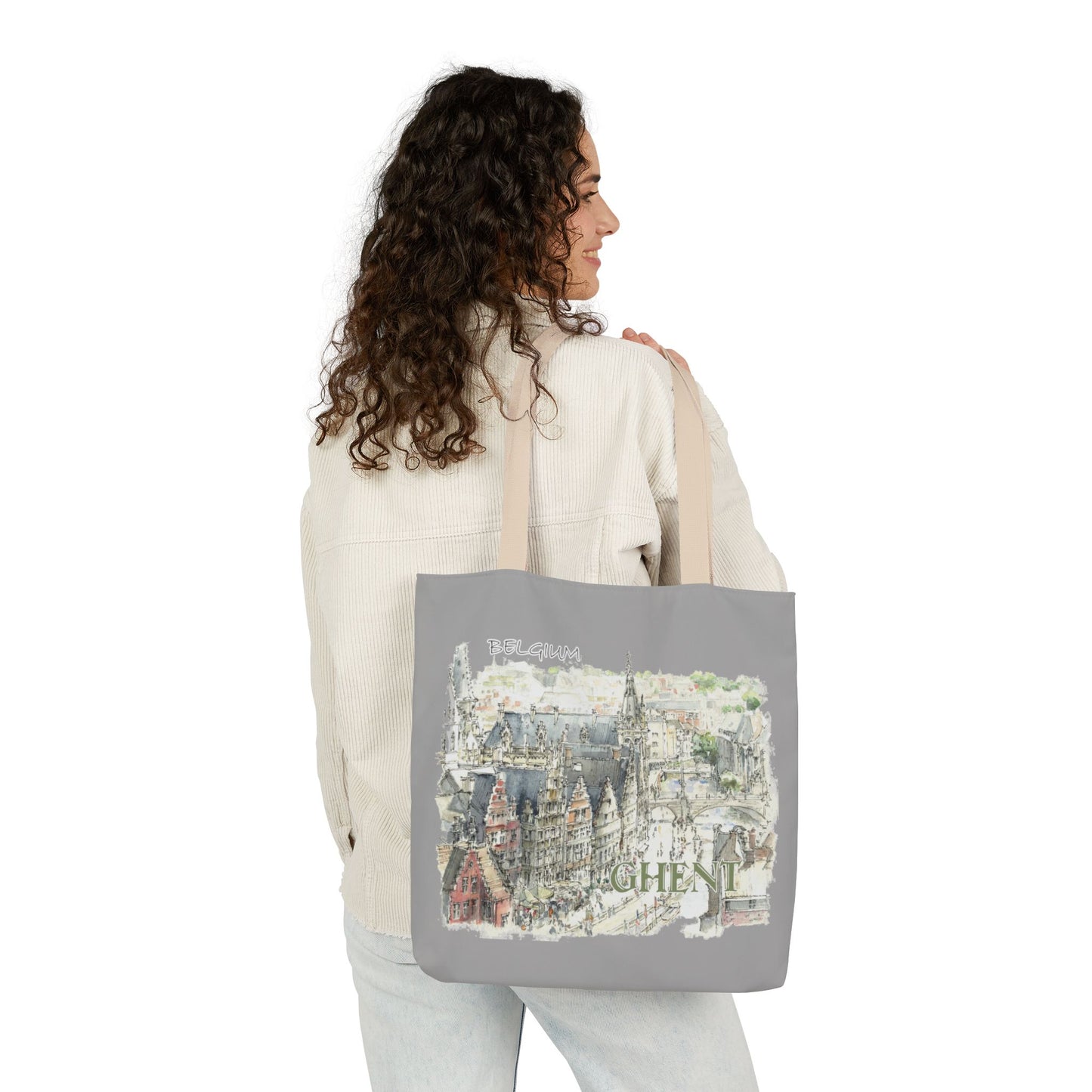 Ghent-inspired light grey Tote Bag with 4-Color Straps