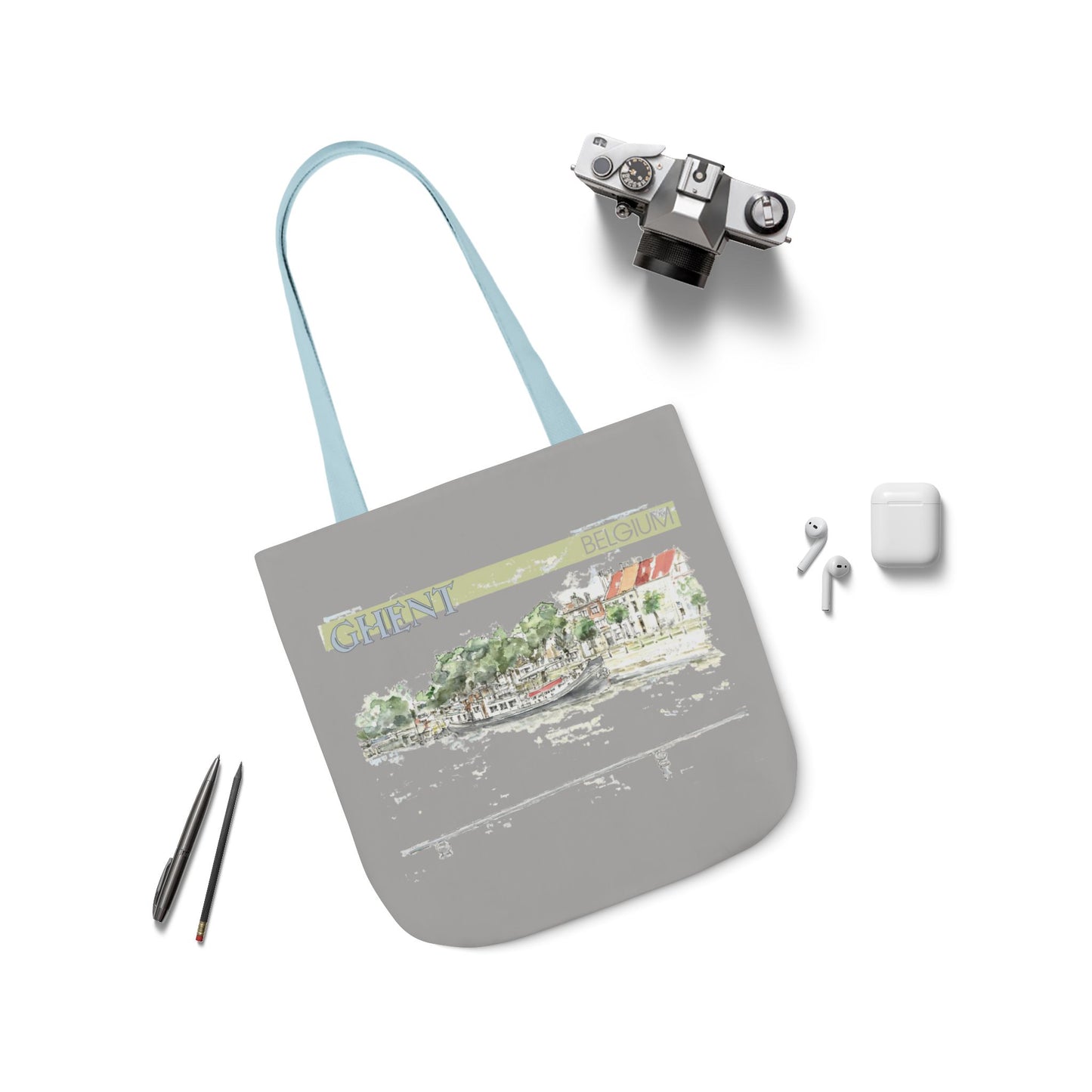 Ghent-inspired light grey Tote Bag with 4-Color Straps
