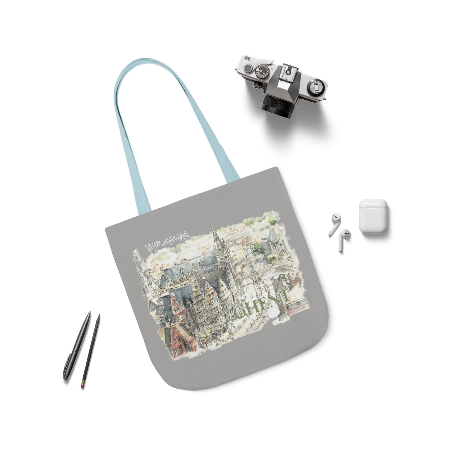 Ghent-inspired light grey Tote Bag with 4-Color Straps