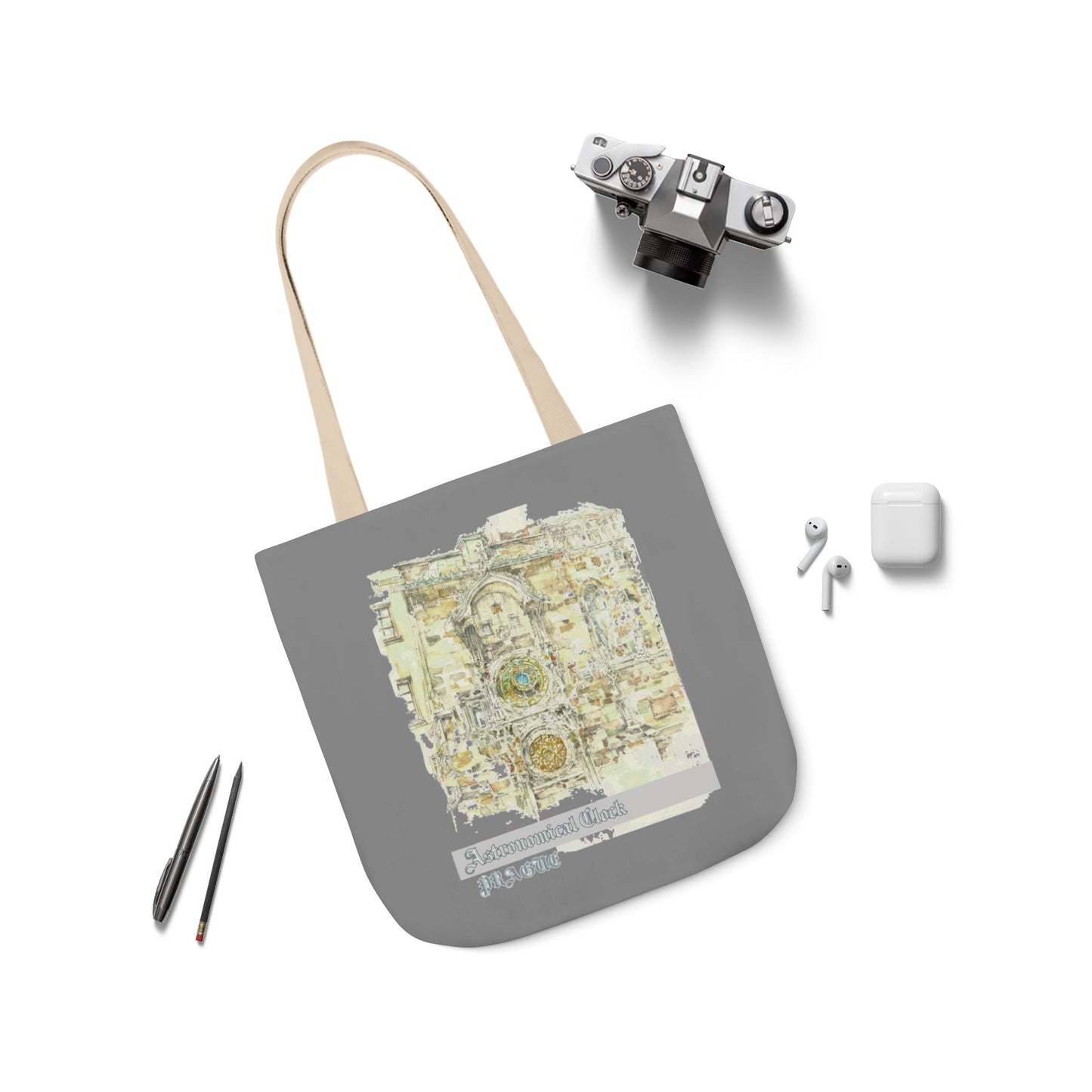 Prague-inspired grey Tote Bag with 4-Color Straps
