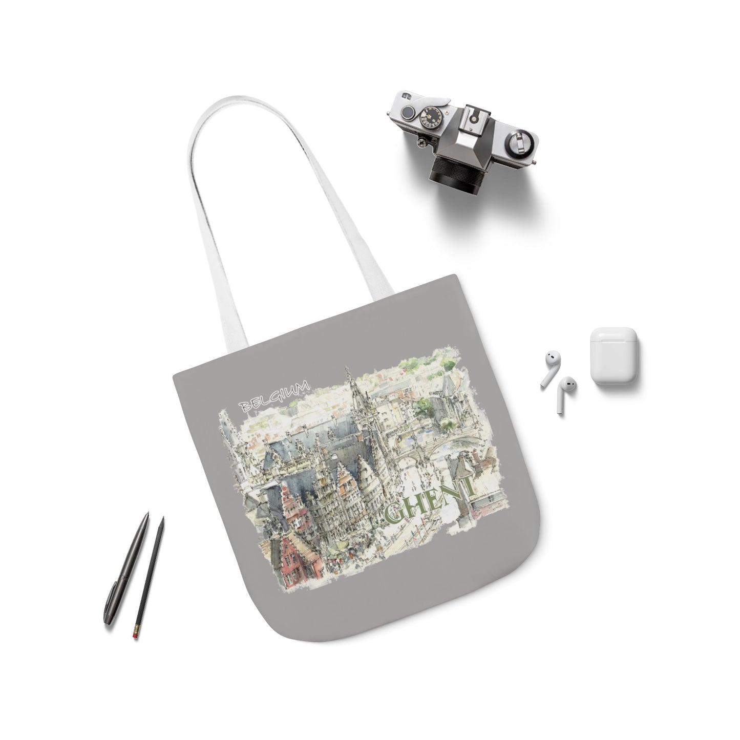 Ghent-inspired light grey Tote Bag with 4-Color Straps