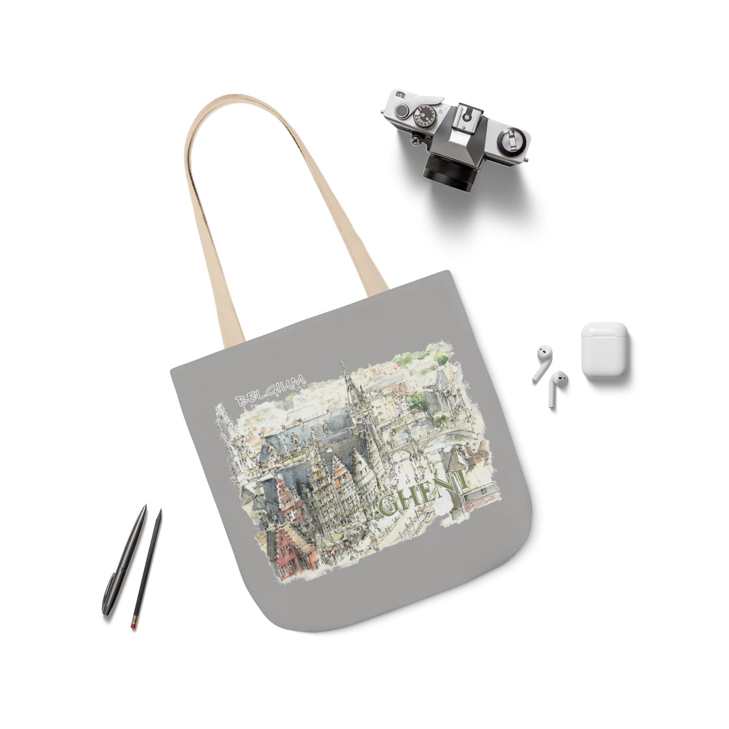 Ghent-inspired light grey Tote Bag with 4-Color Straps