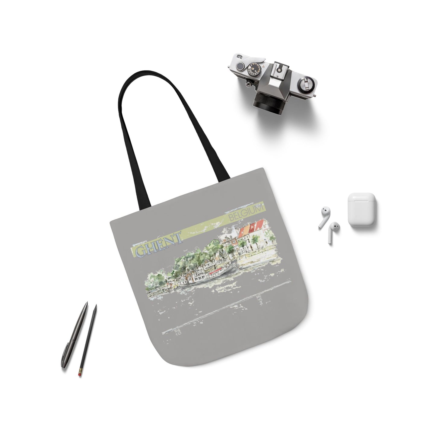 Ghent-inspired light grey Tote Bag with 4-Color Straps