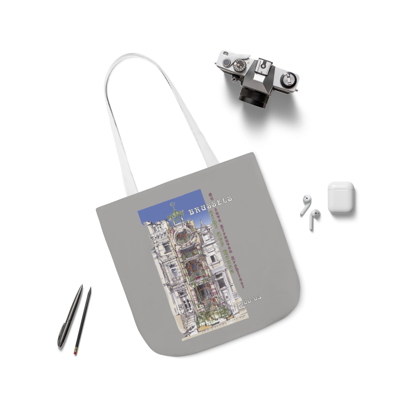 Brussel's Art-Nouveau-inspired light grey Tote Bag with 5-Color Straps