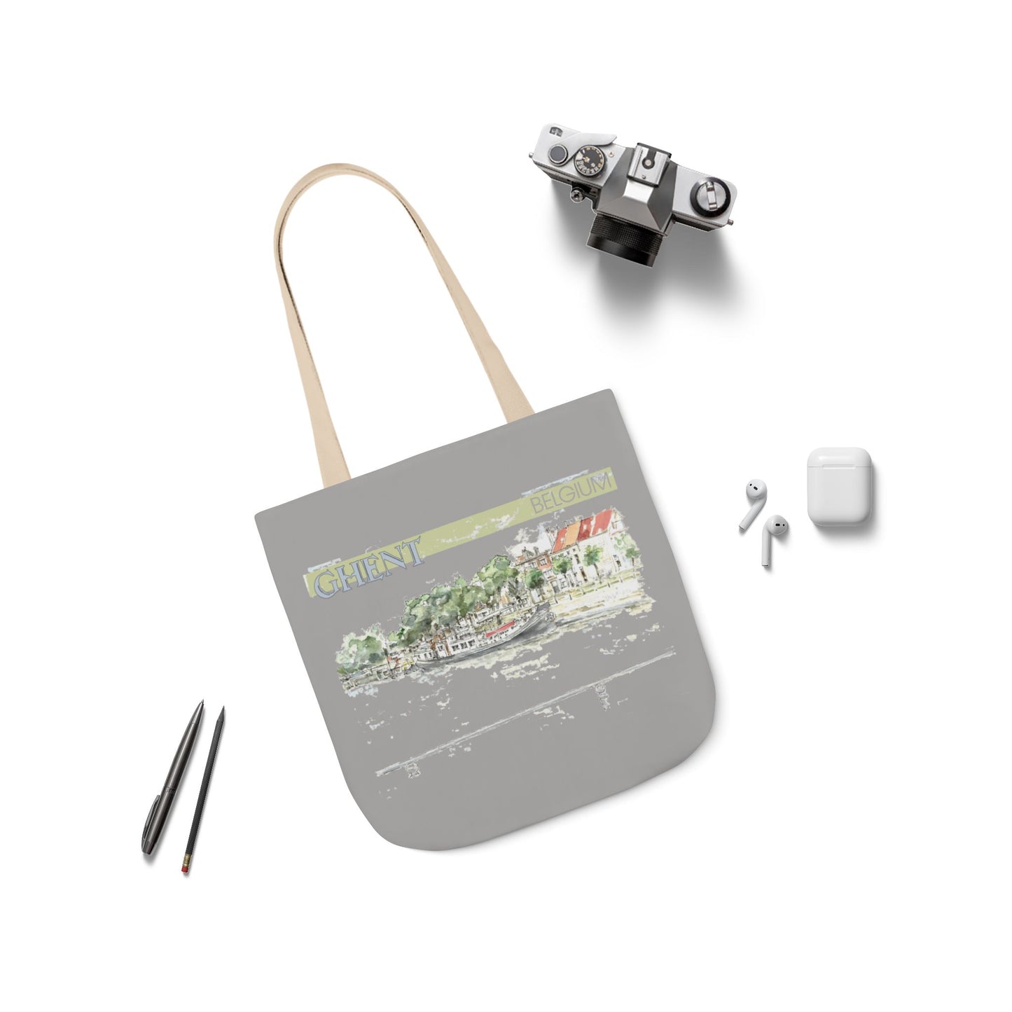 Ghent-inspired light grey Tote Bag with 4-Color Straps