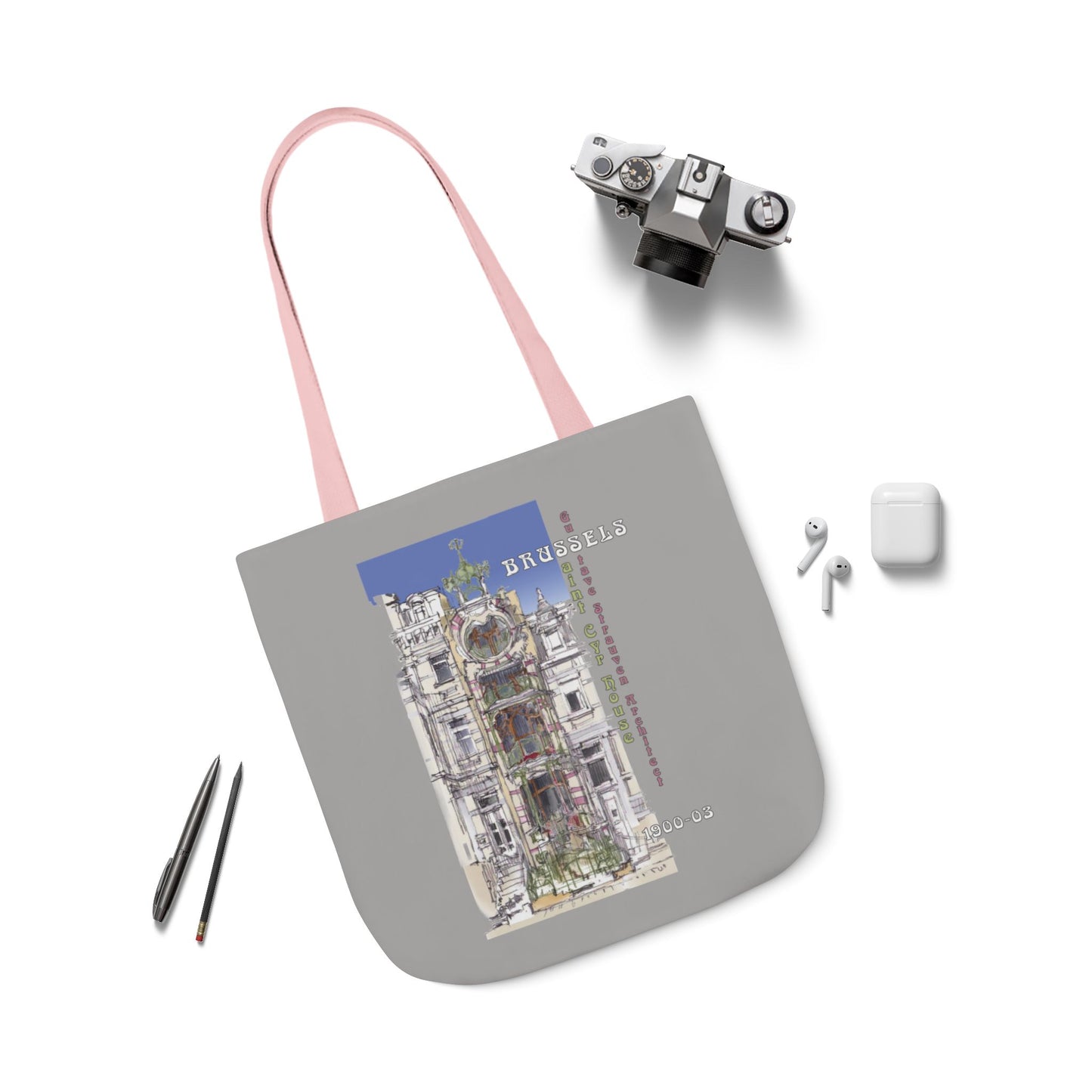 Brussel's Art-Nouveau-inspired light grey Tote Bag with 5-Color Straps