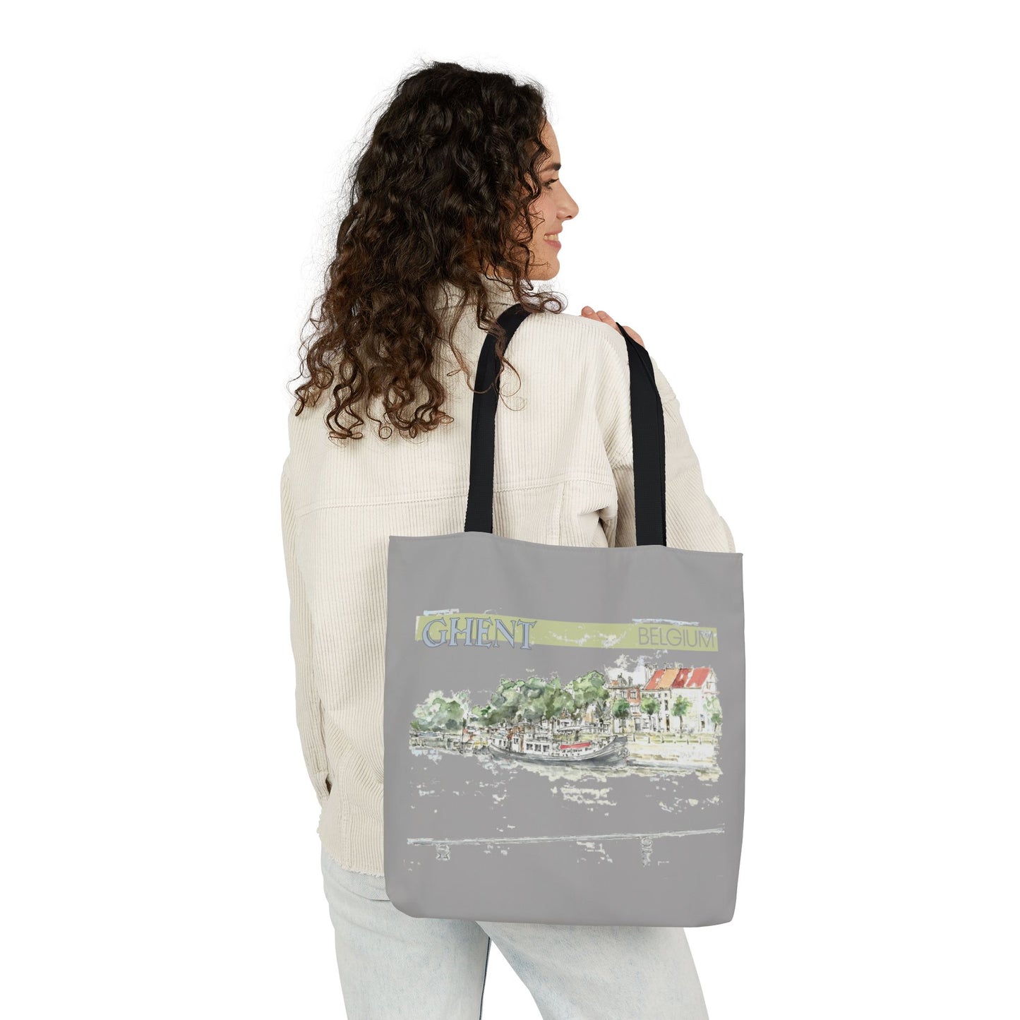 Ghent-inspired light grey Tote Bag with 4-Color Straps