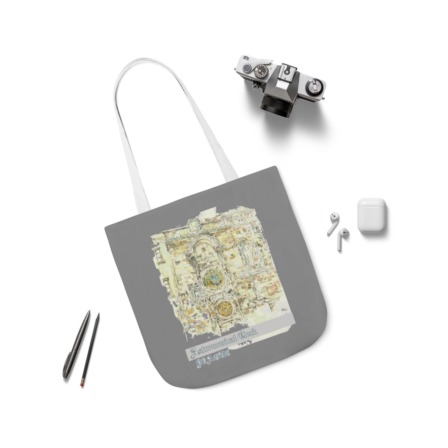 Prague-inspired grey Tote Bag with 4-Color Straps