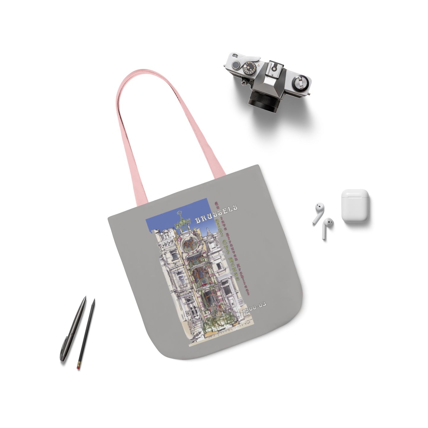 Brussel's Art-Nouveau-inspired light grey Tote Bag with 5-Color Straps