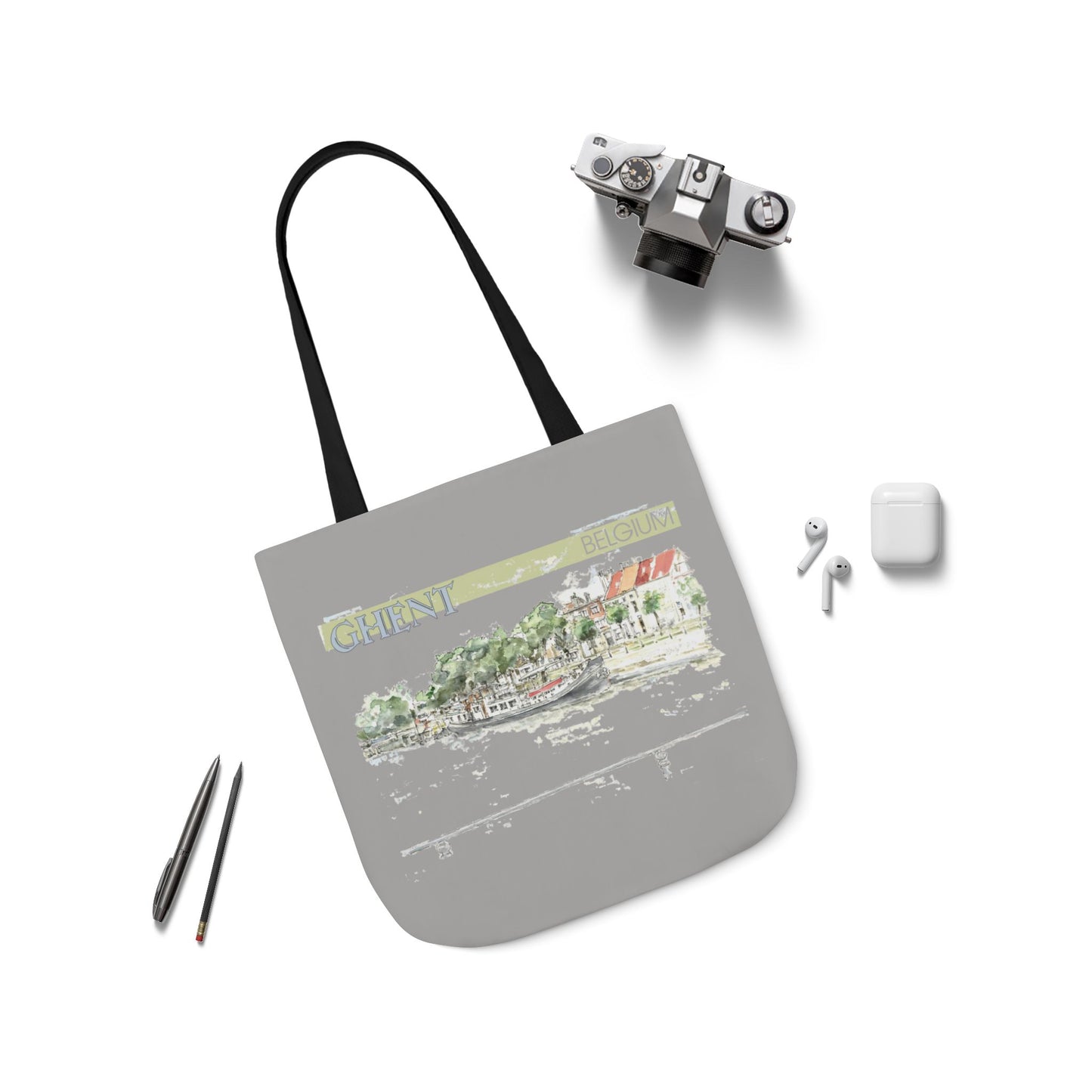 Ghent-inspired light grey Tote Bag with 4-Color Straps
