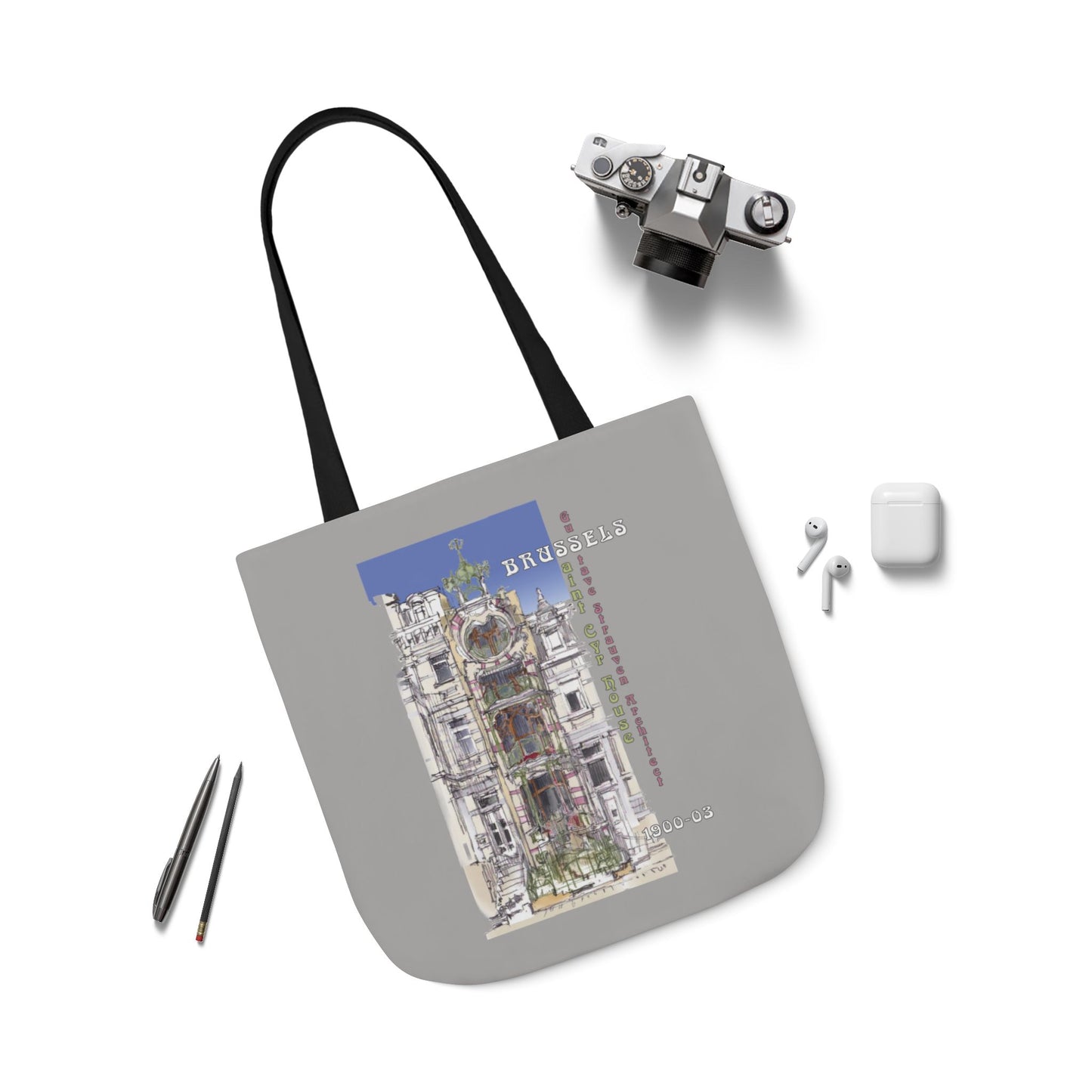 Brussel's Art-Nouveau-inspired light grey Tote Bag with 5-Color Straps