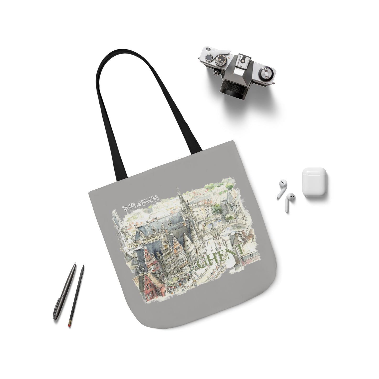 Ghent-inspired light grey Tote Bag with 4-Color Straps