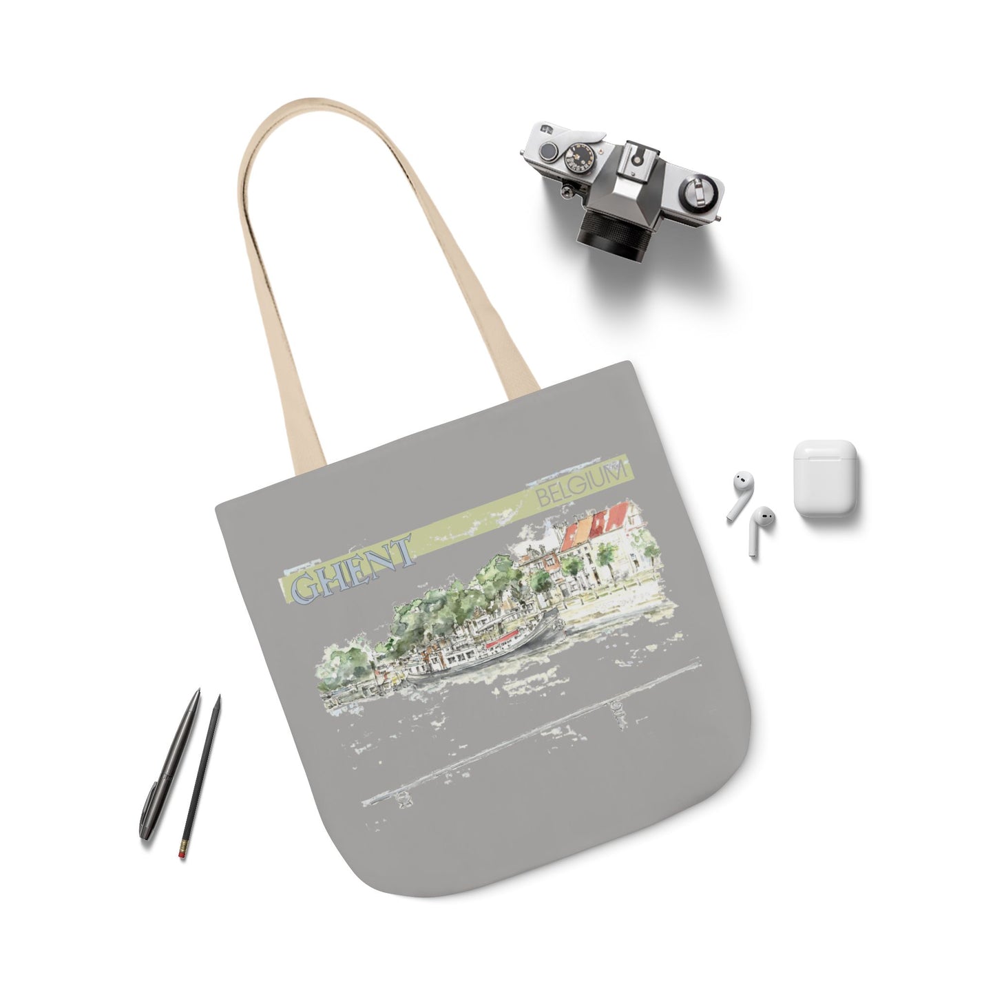 Ghent-inspired light grey Tote Bag with 4-Color Straps