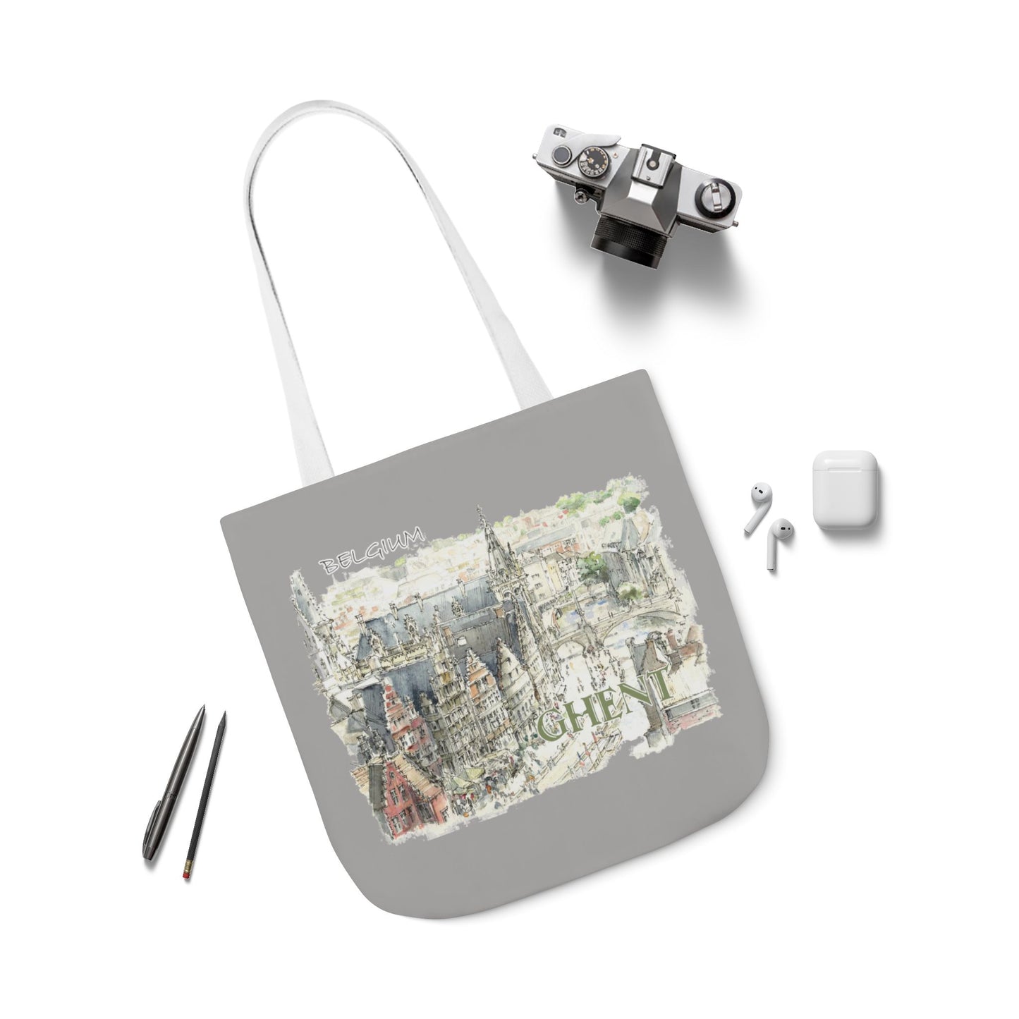 Ghent-inspired light grey Tote Bag with 4-Color Straps