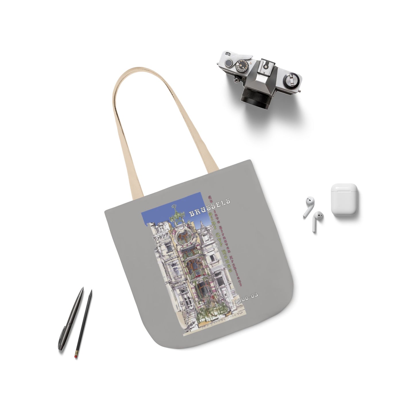 Brussel's Art-Nouveau-inspired light grey Tote Bag with 5-Color Straps