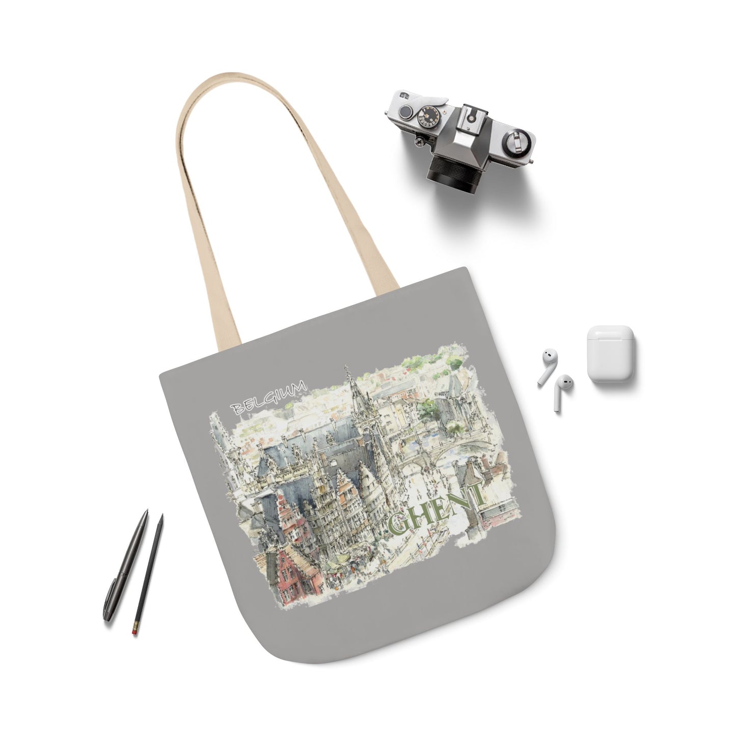 Ghent-inspired light grey Tote Bag with 4-Color Straps