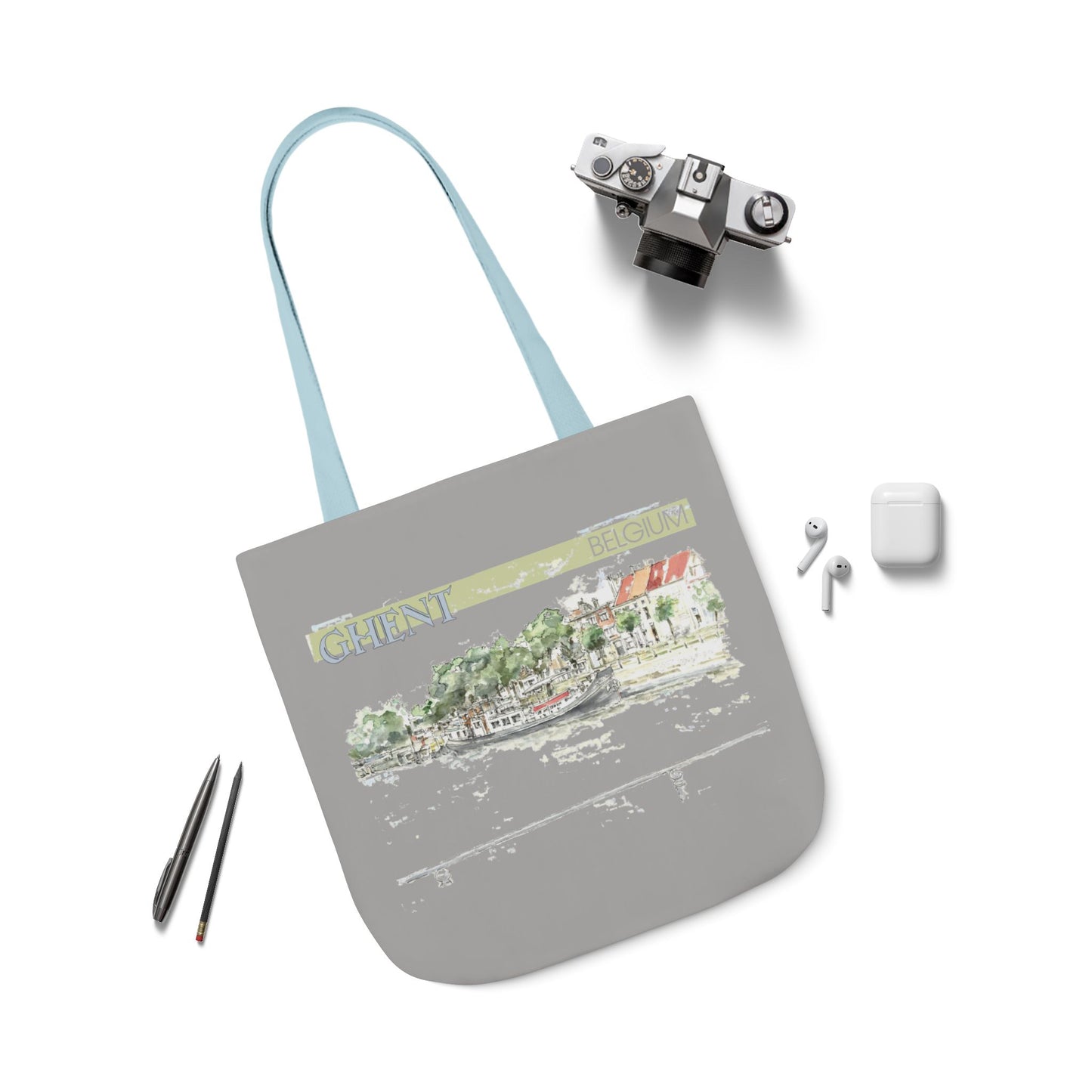 Ghent-inspired light grey Tote Bag with 4-Color Straps