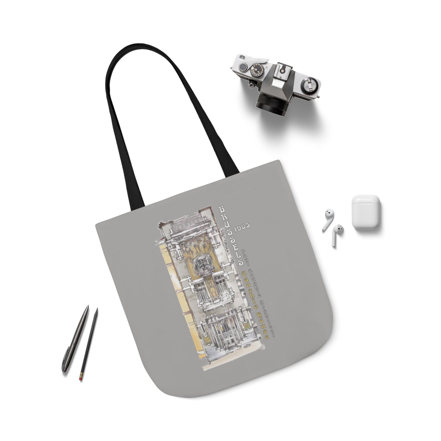 Brussel's Art-Nouveau-inspired light grey Tote Bag with 3-Color Straps