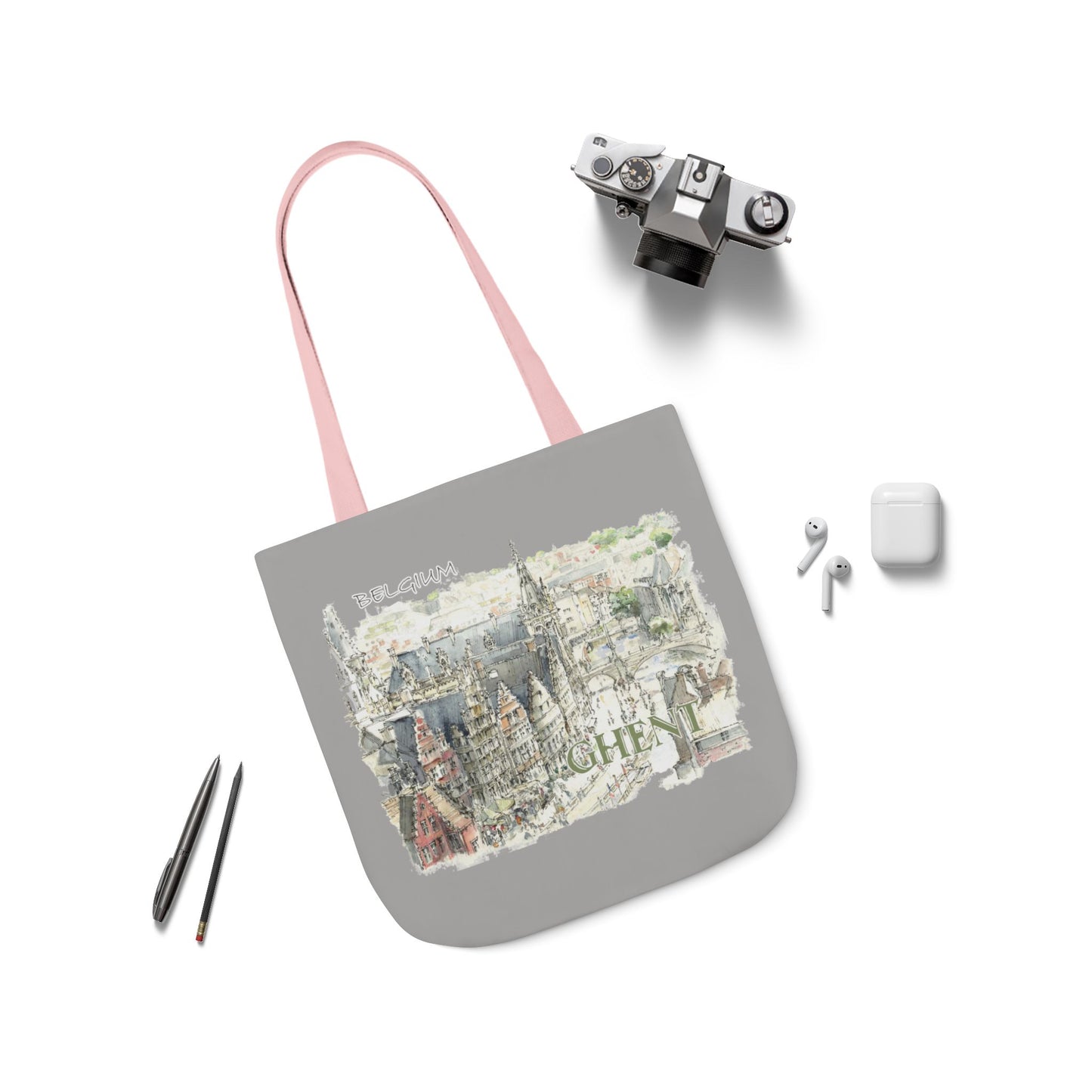 Ghent-inspired light grey Tote Bag with 4-Color Straps