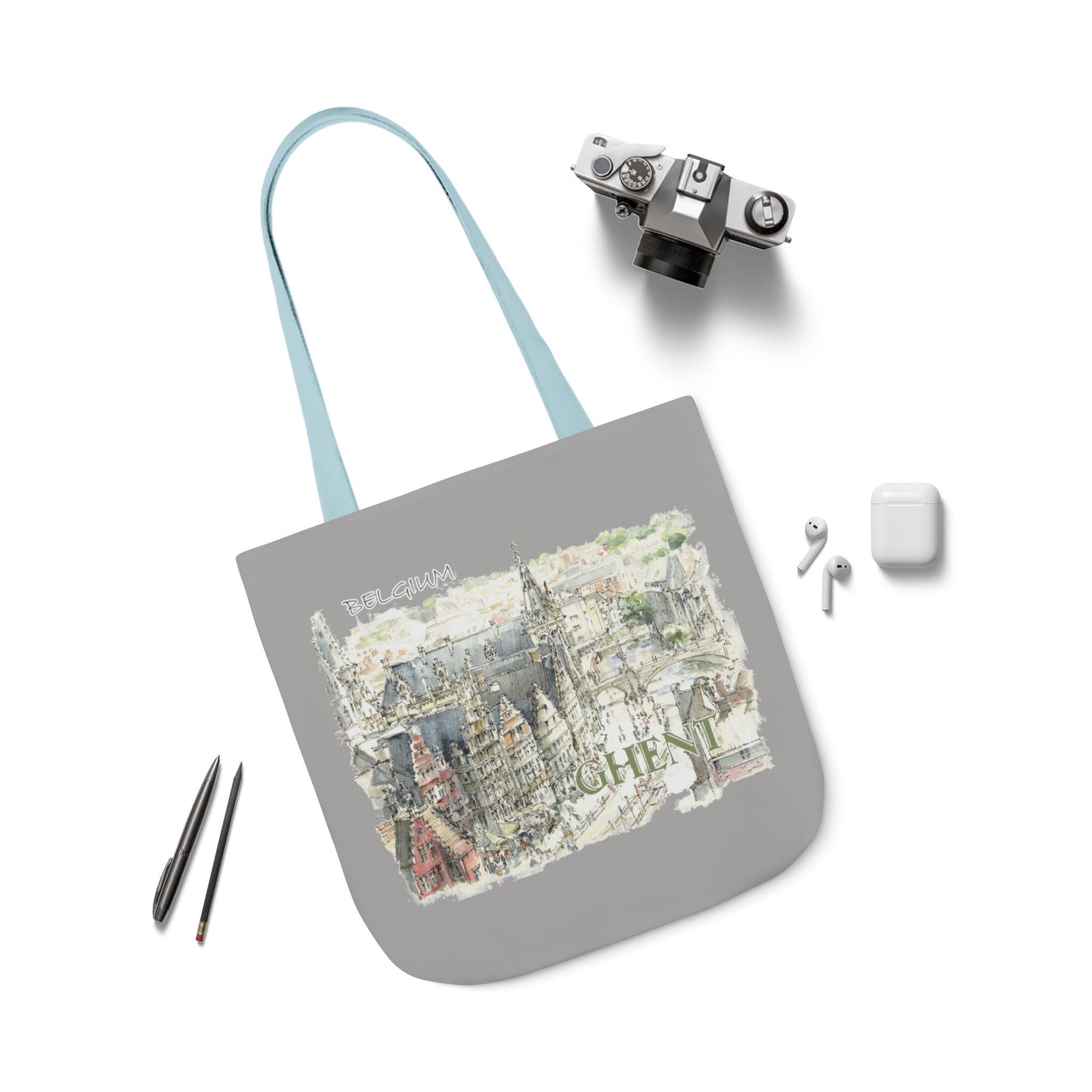 Ghent-inspired light grey Tote Bag with 4-Color Straps