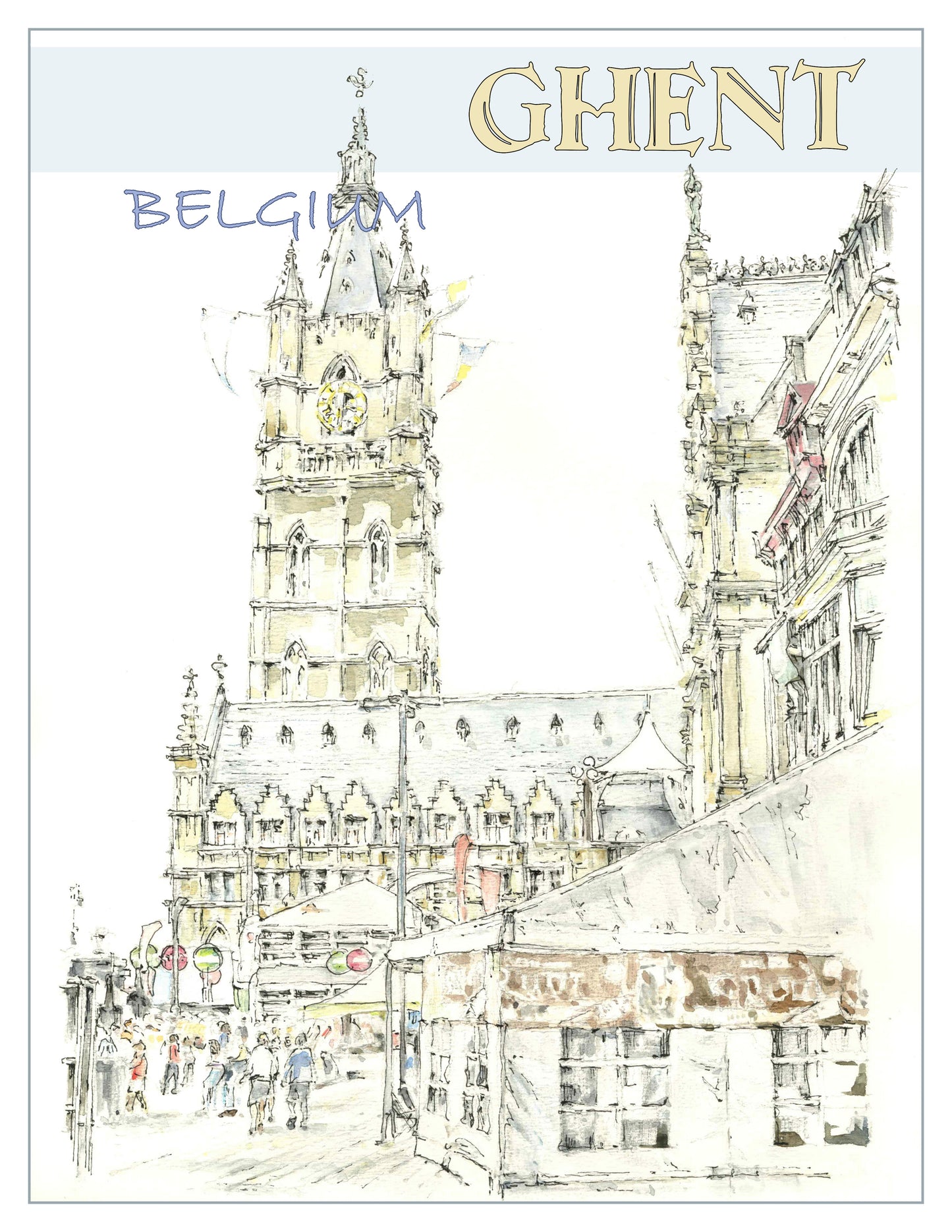 Ghent Travel Print (Belgium), View of the Belfry bell tower.