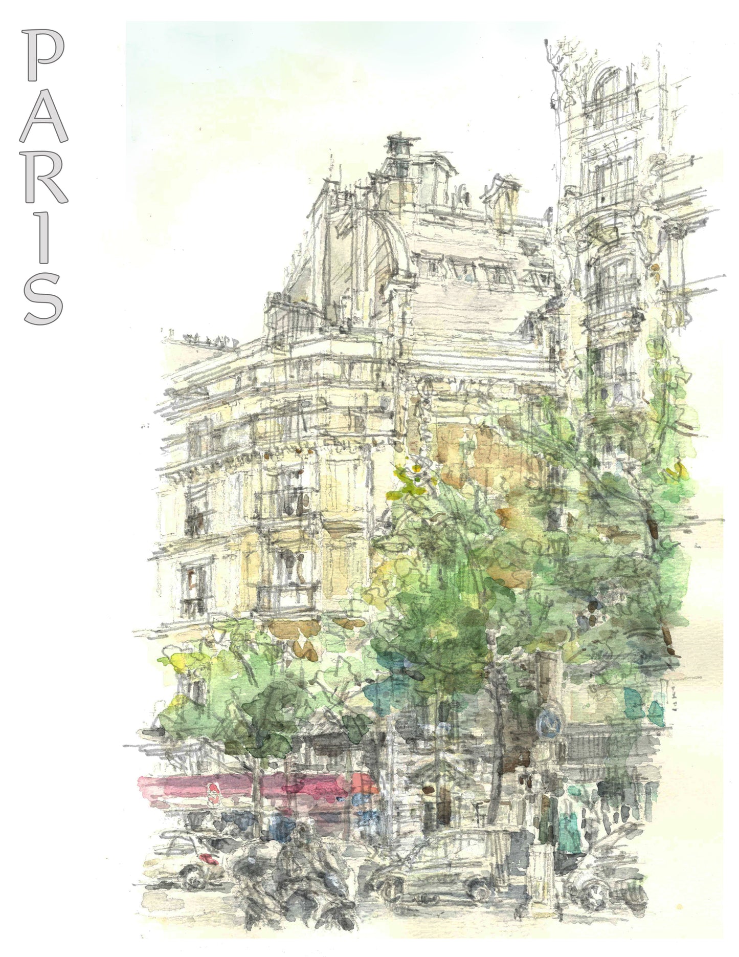 Paris Travel Print (France), View of the downtown street.