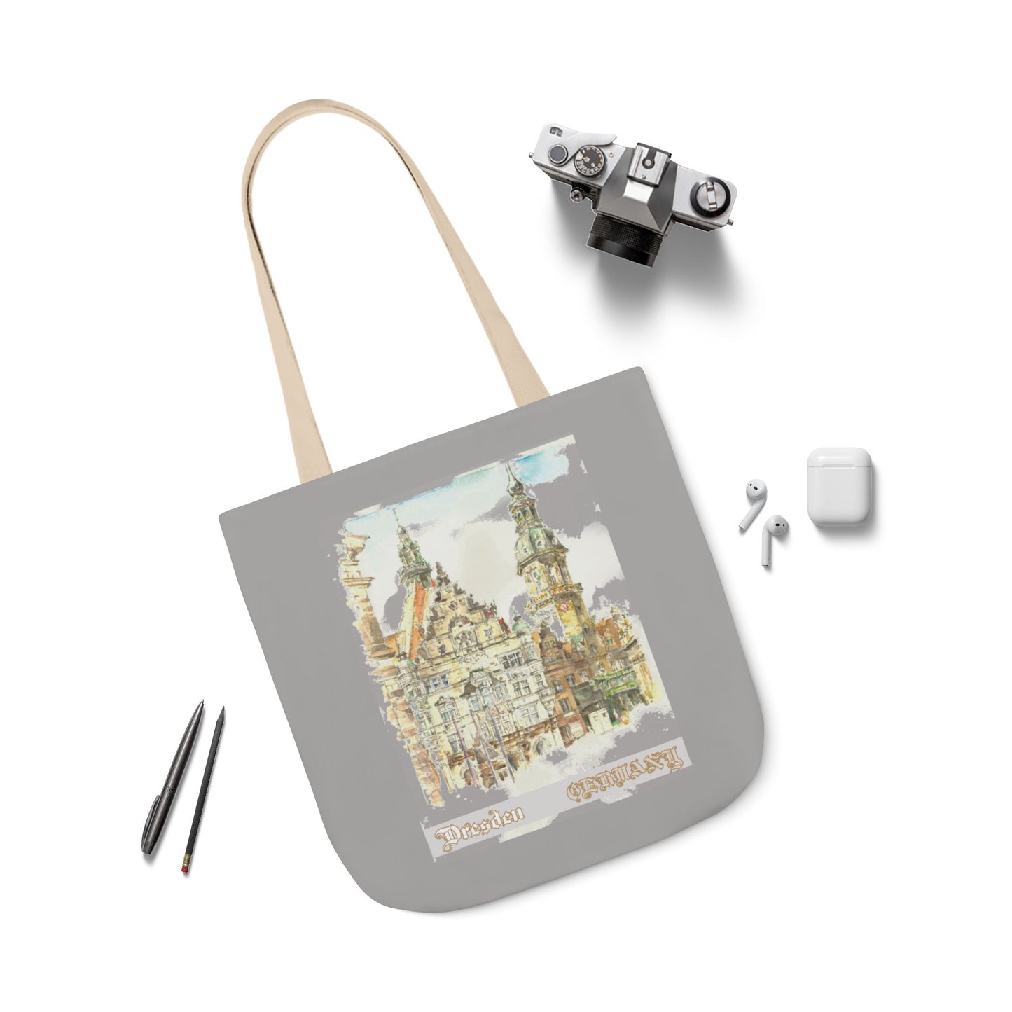Dresden-inspired light grey Tote Bag with 4-Color Straps