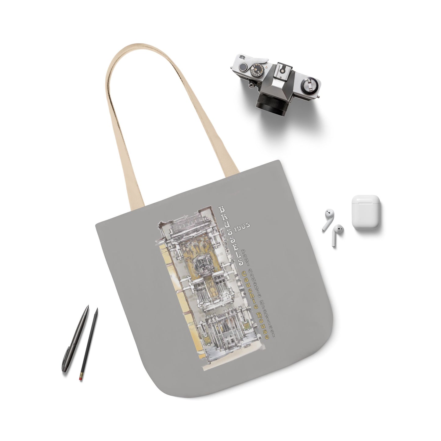 Brussel's Art-Nouveau-inspired light grey Tote Bag with 3-Color Straps