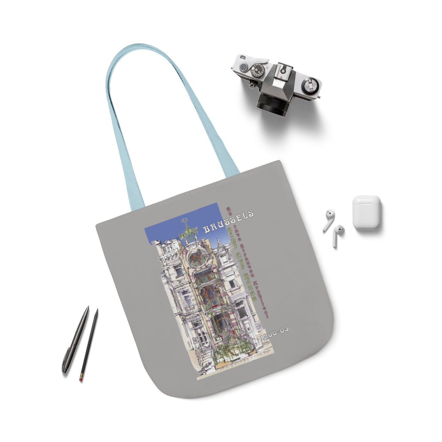 Brussel's Art-Nouveau-inspired light grey Tote Bag with 5-Color Straps