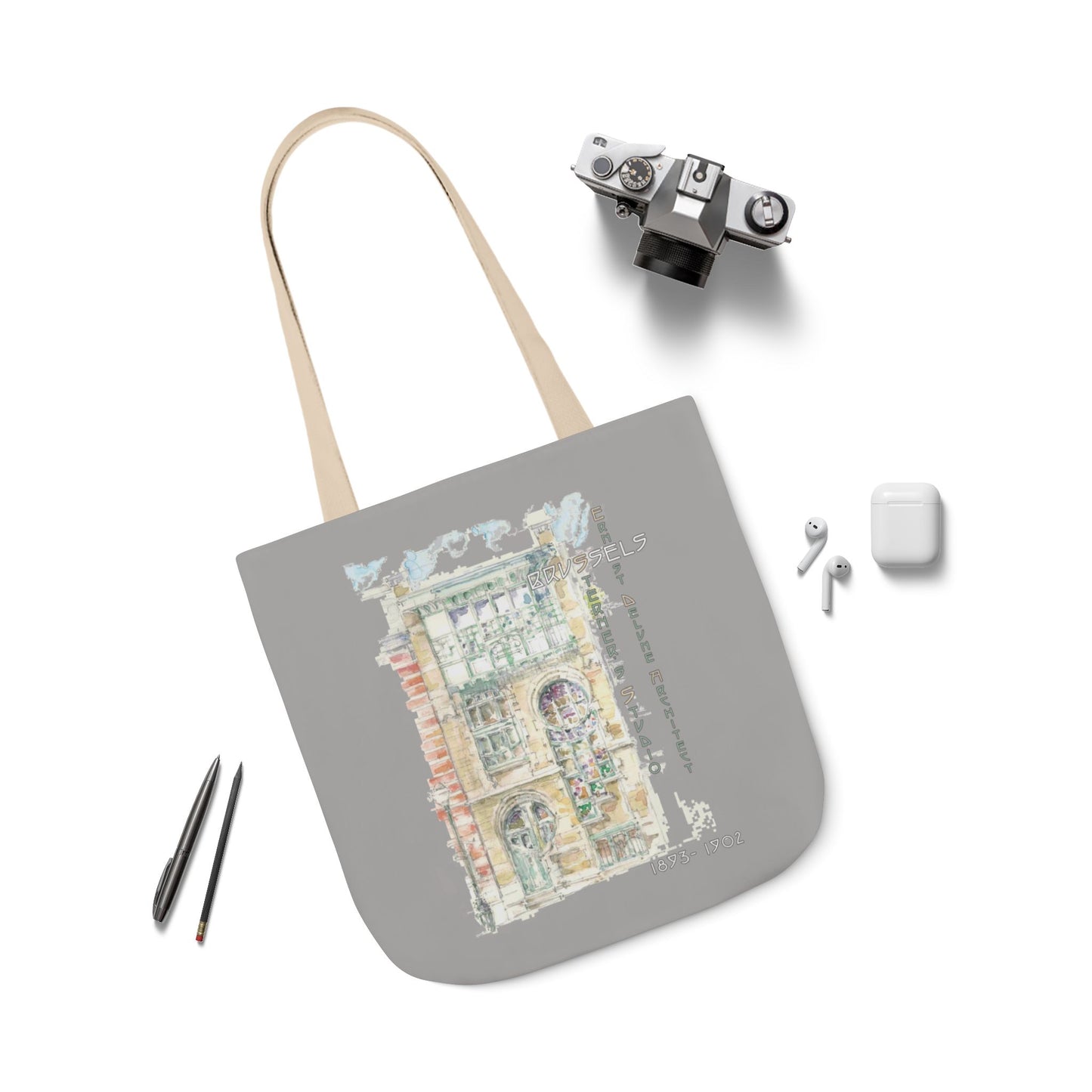 Art-Nouveau-inspired light grey Tote Bag with 5-Color Straps
