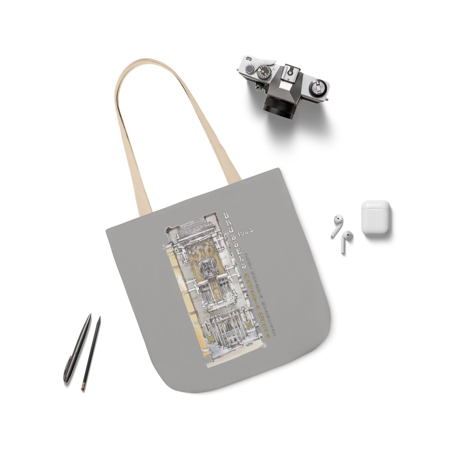 Brussel's Art-Nouveau-inspired light grey Tote Bag with 3-Color Straps