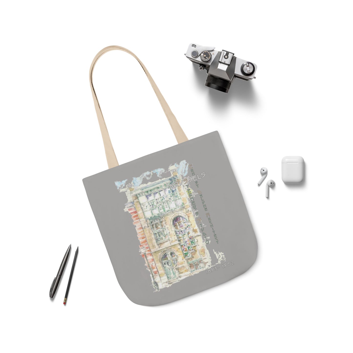 Art-Nouveau-inspired light grey Tote Bag with 5-Color Straps
