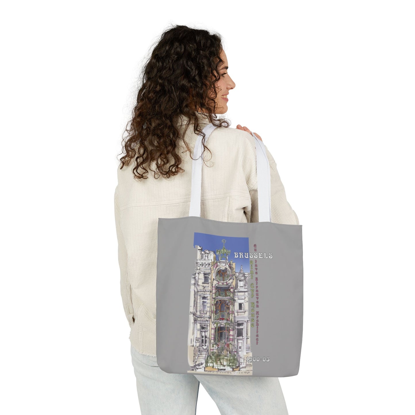 Brussel's Art-Nouveau-inspired light grey Tote Bag with 5-Color Straps