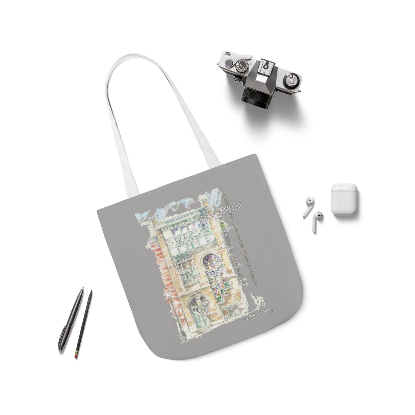 Art-Nouveau-inspired light grey Tote Bag with 5-Color Straps