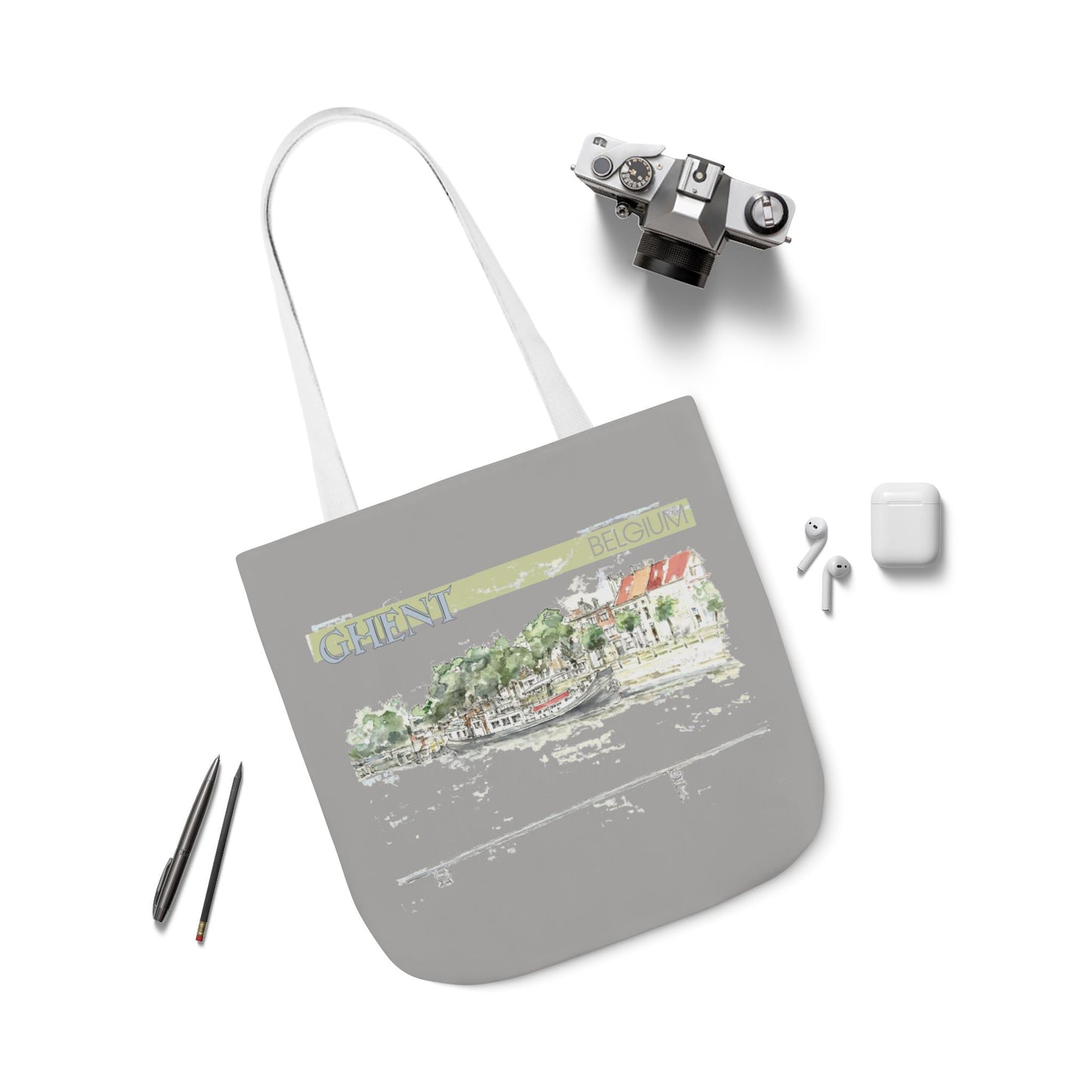 Ghent-inspired light grey Tote Bag with 4-Color Straps