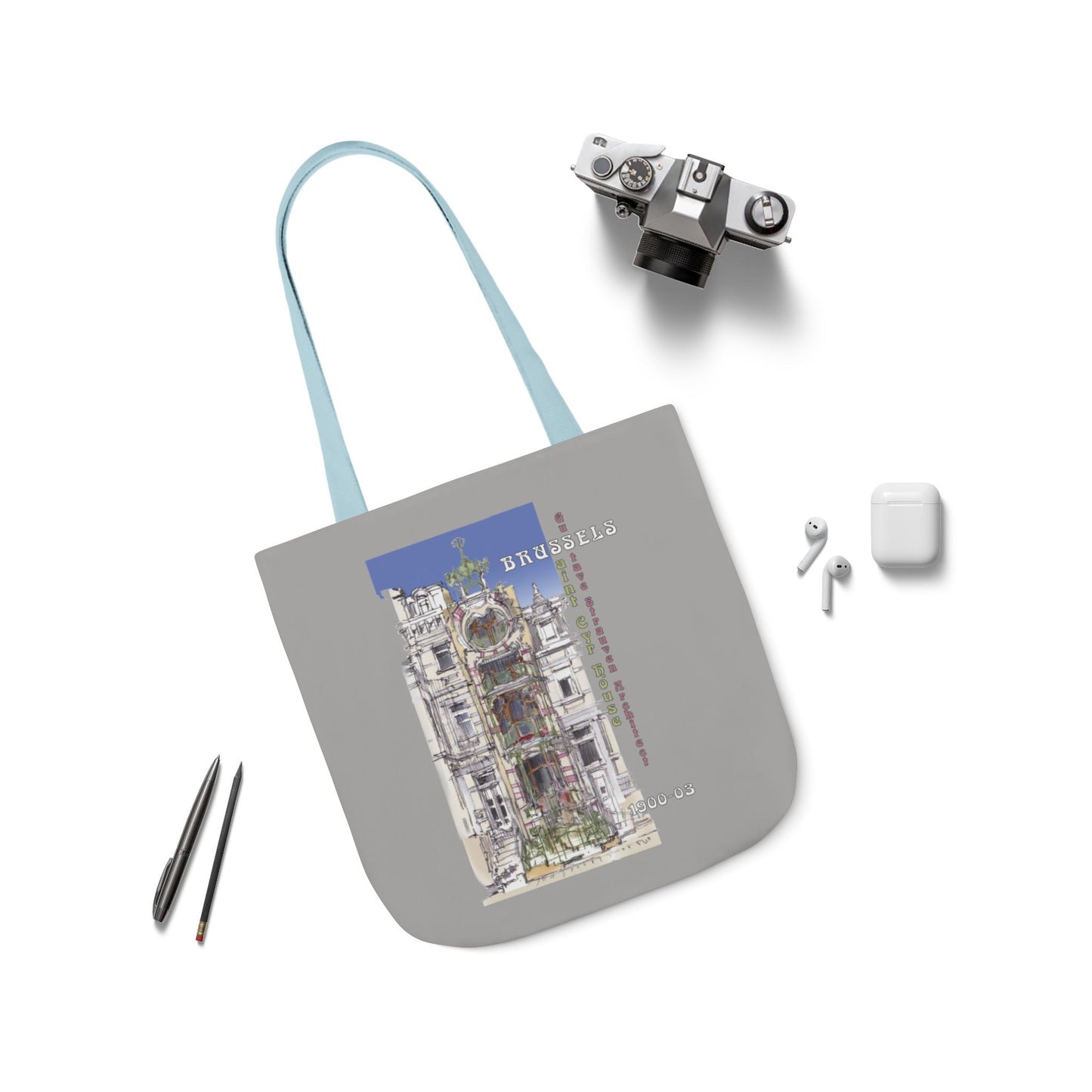Brussel's Art-Nouveau-inspired light grey Tote Bag with 5-Color Straps