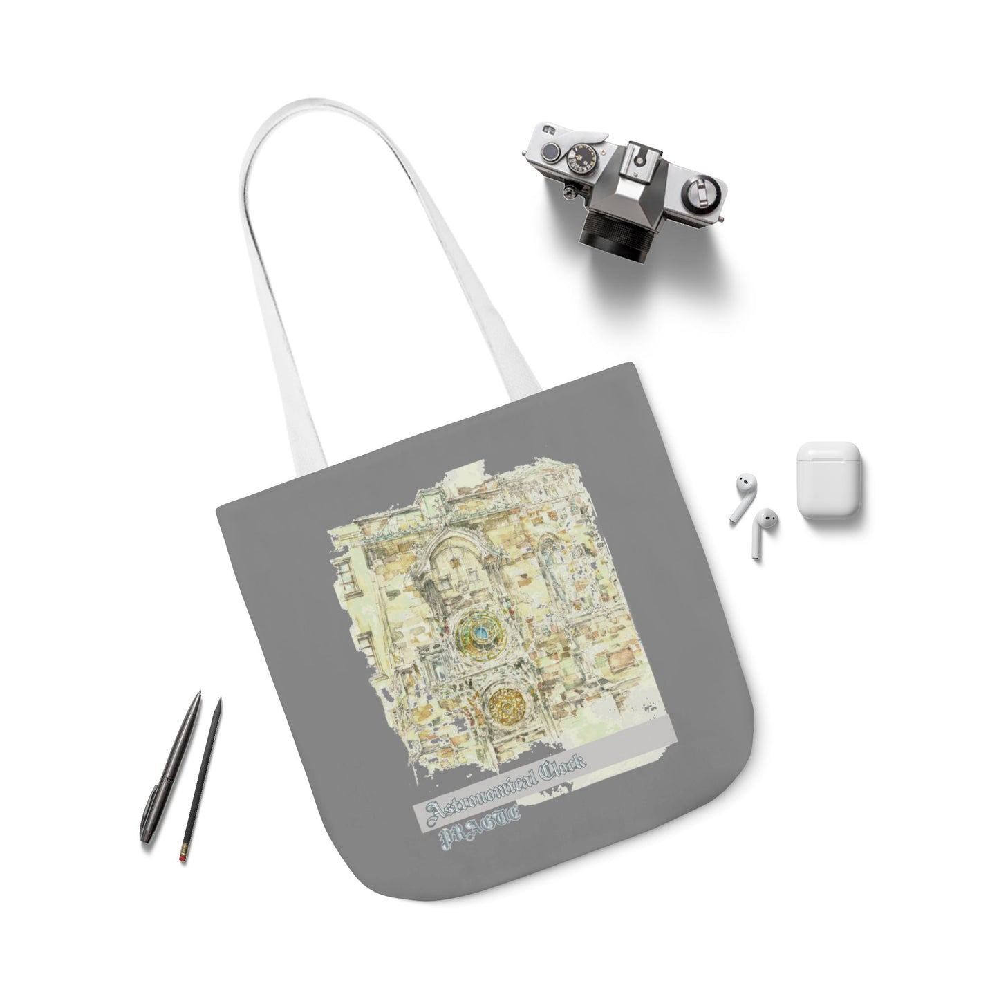 Prague-inspired grey Tote Bag with 4-Color Straps