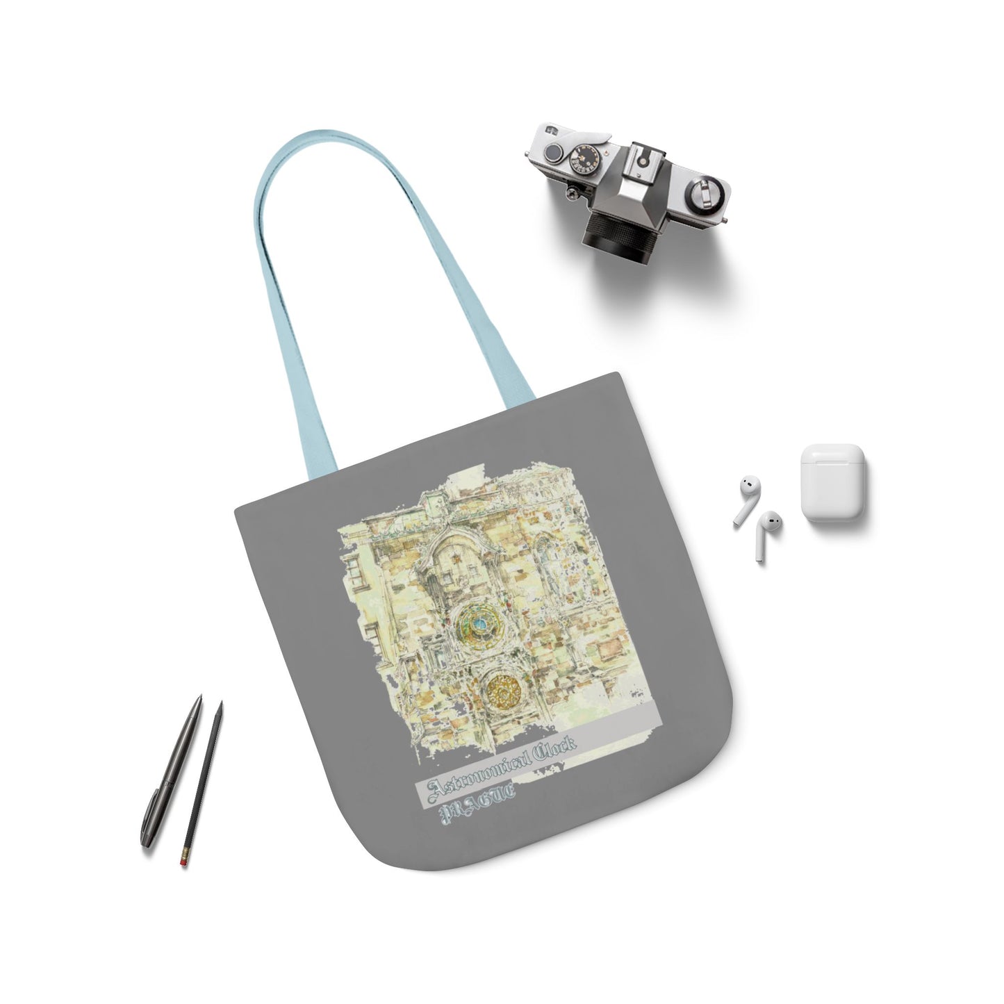 Prague-inspired grey Tote Bag with 4-Color Straps