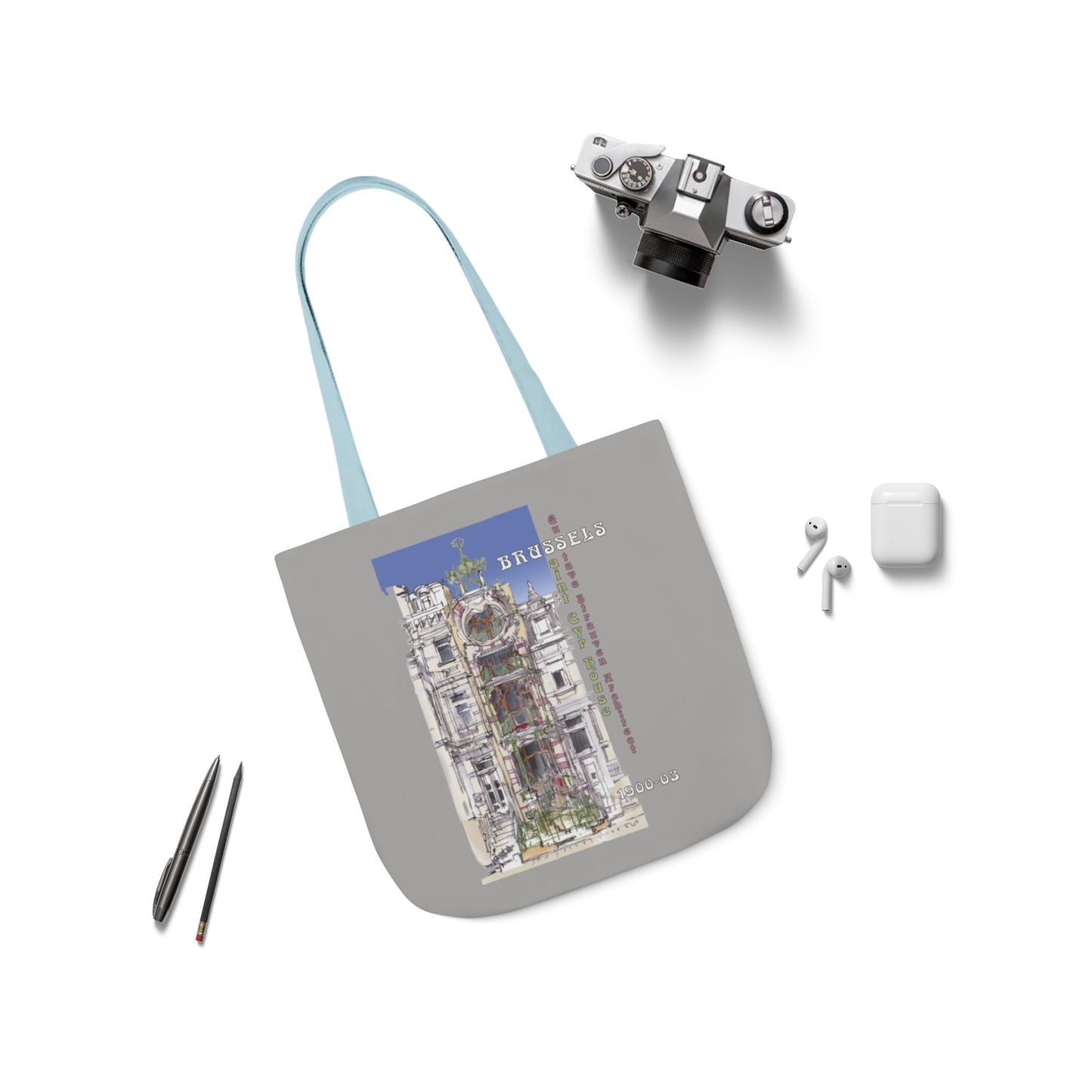 Brussel's Art-Nouveau-inspired light grey Tote Bag with 5-Color Straps