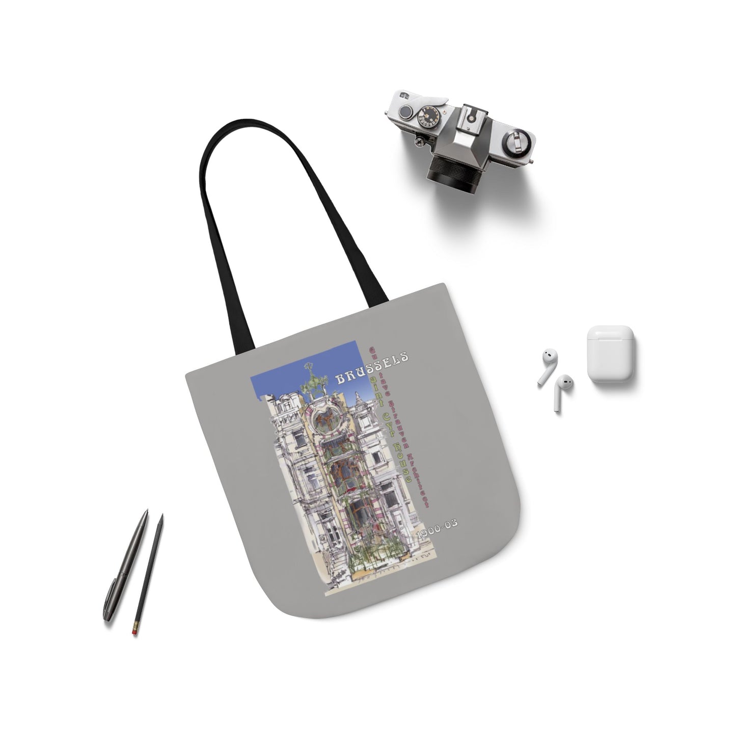 Brussel's Art-Nouveau-inspired light grey Tote Bag with 5-Color Straps