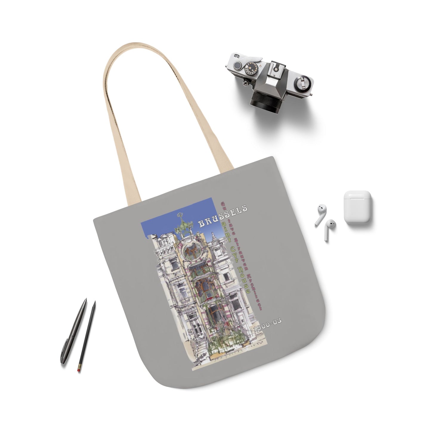 Brussel's Art-Nouveau-inspired light grey Tote Bag with 5-Color Straps