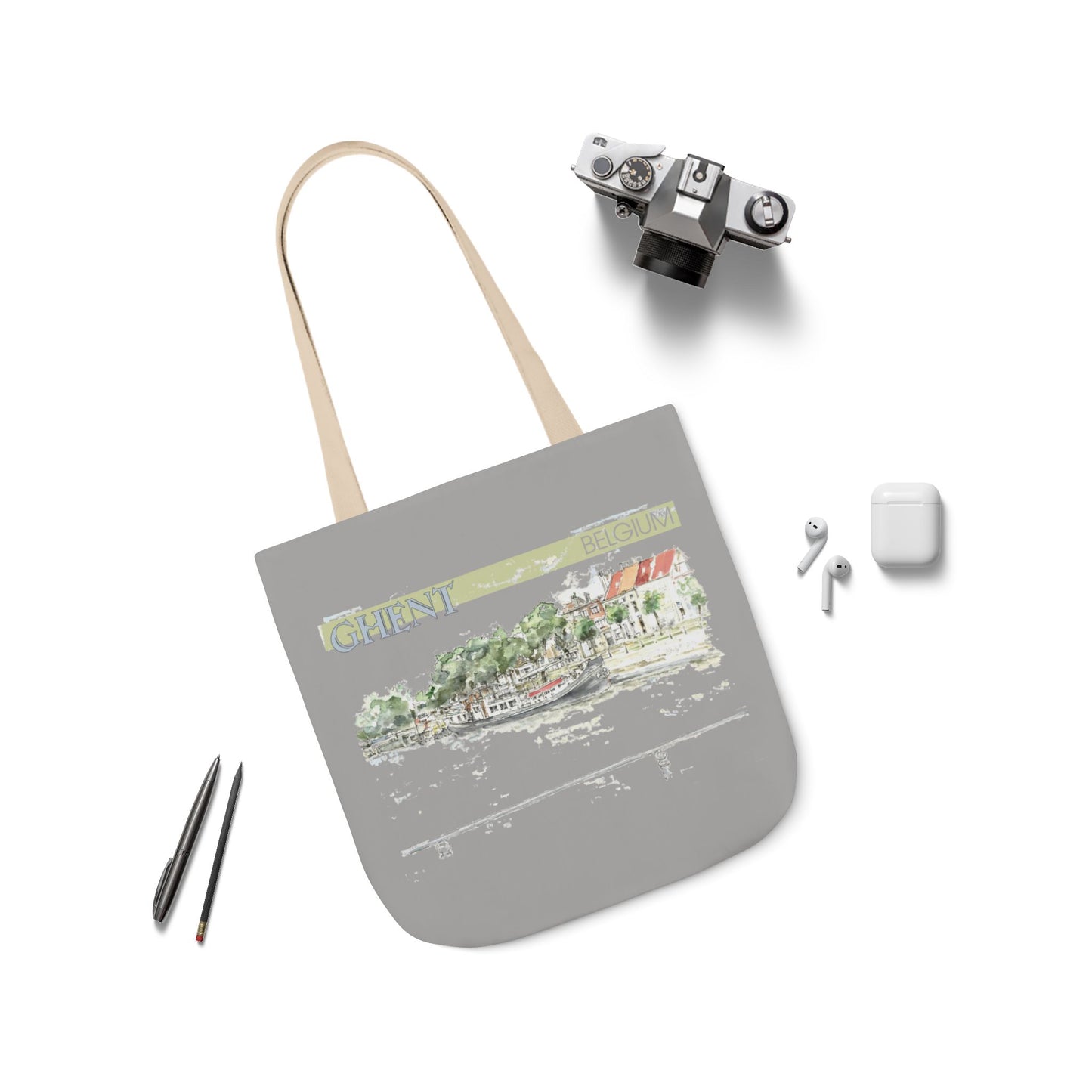 Ghent-inspired light grey Tote Bag with 4-Color Straps