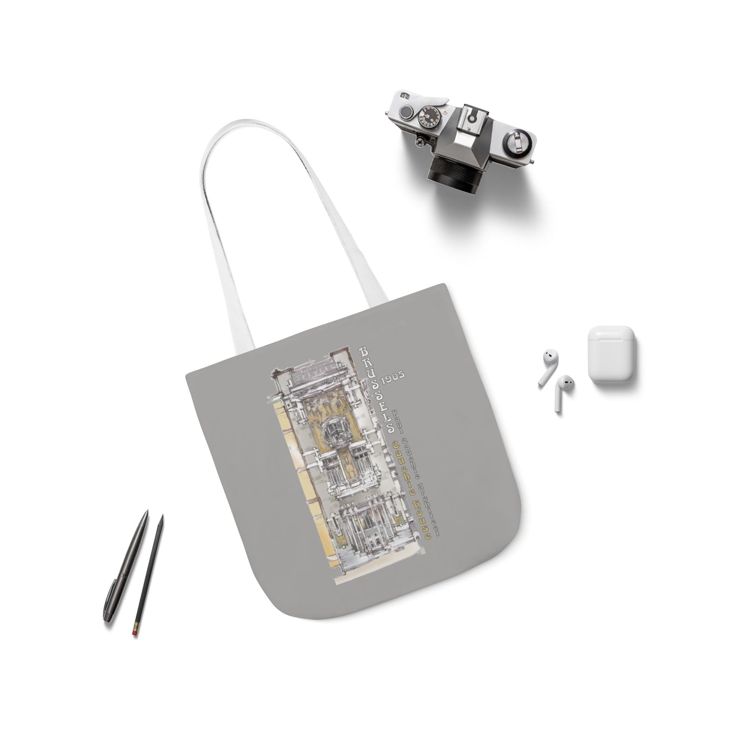 Brussel's Art-Nouveau-inspired light grey Tote Bag with 3-Color Straps