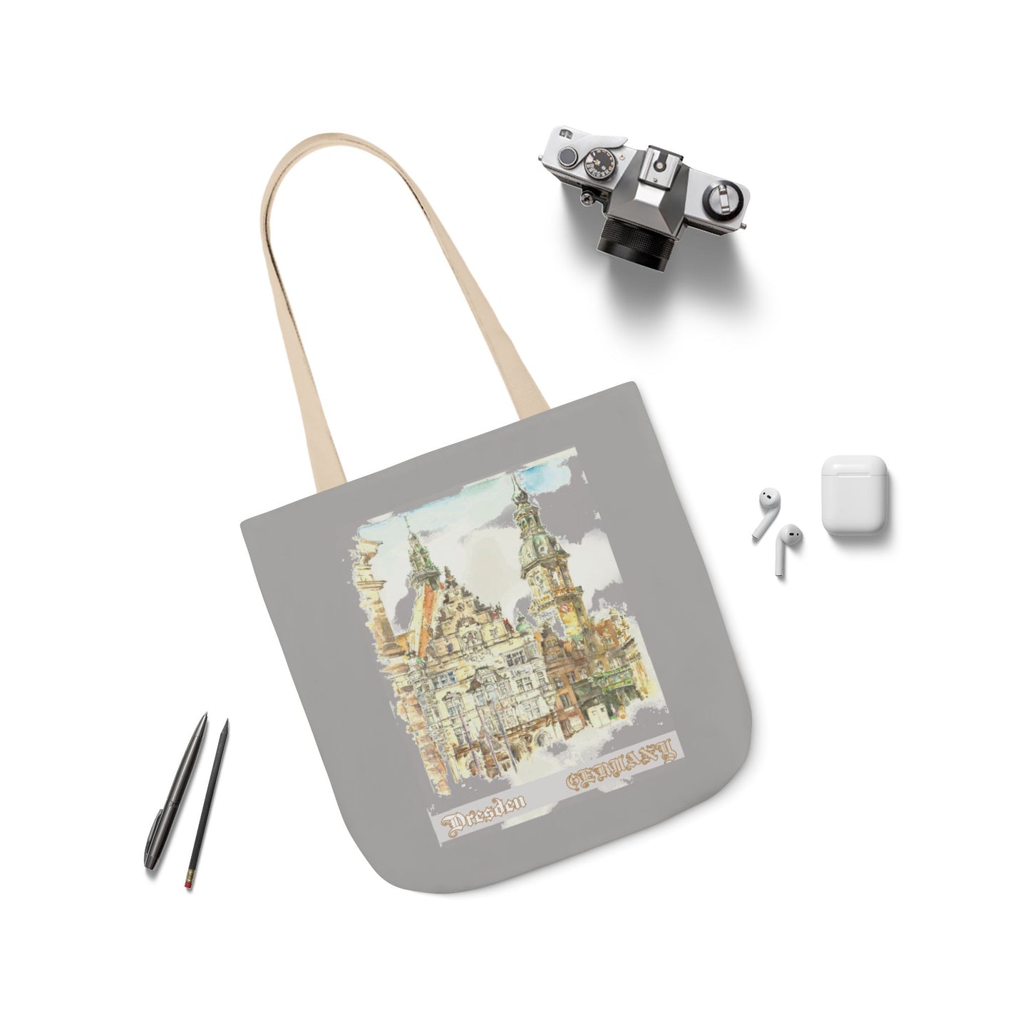 Dresden-inspired light grey Tote Bag with 4-Color Straps