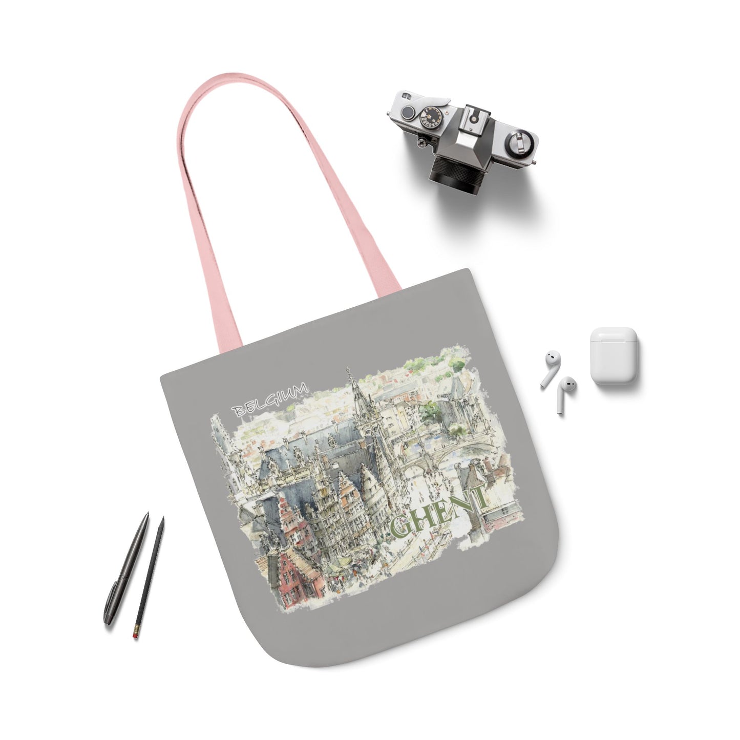 Ghent-inspired light grey Tote Bag with 4-Color Straps